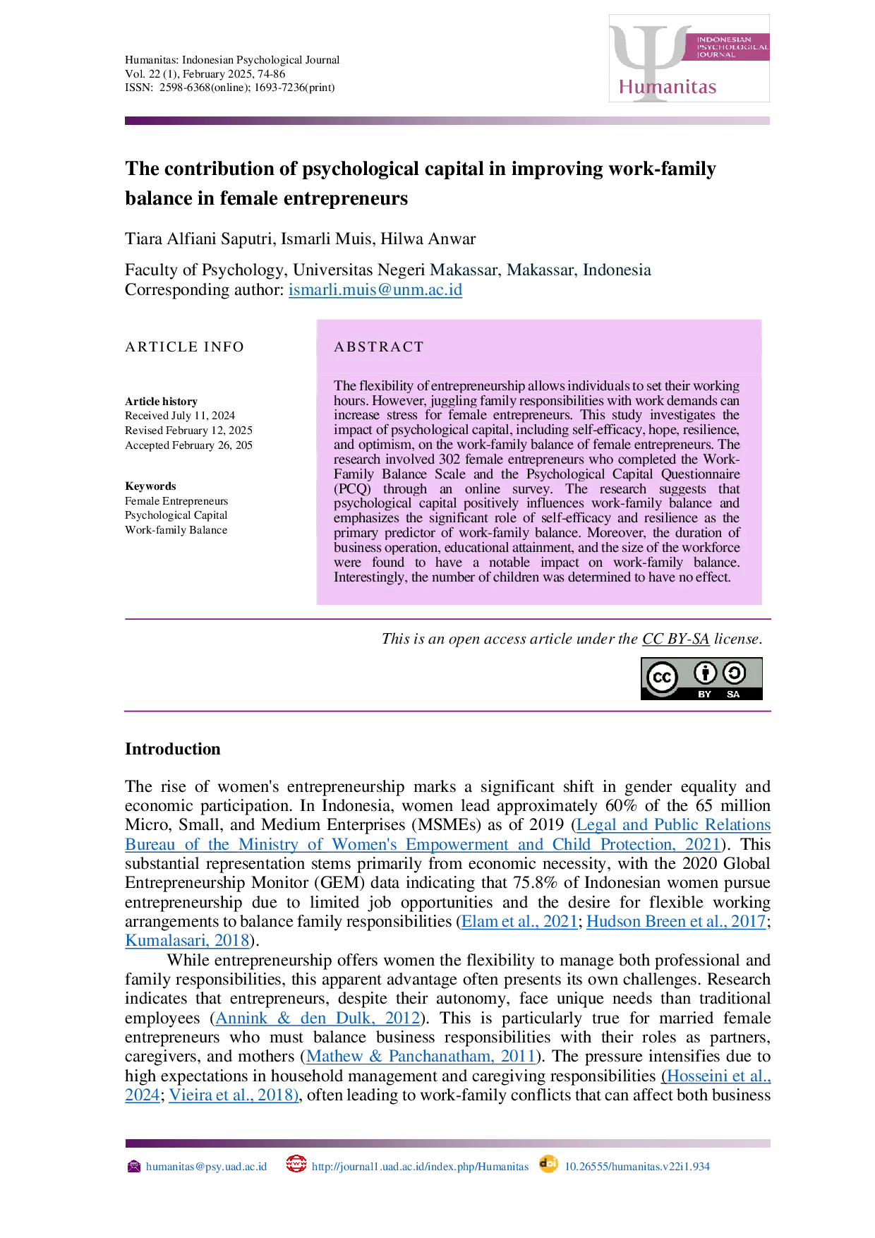 JURIS The contribution of psychological capital in improving work family balance in female entrepreneurs