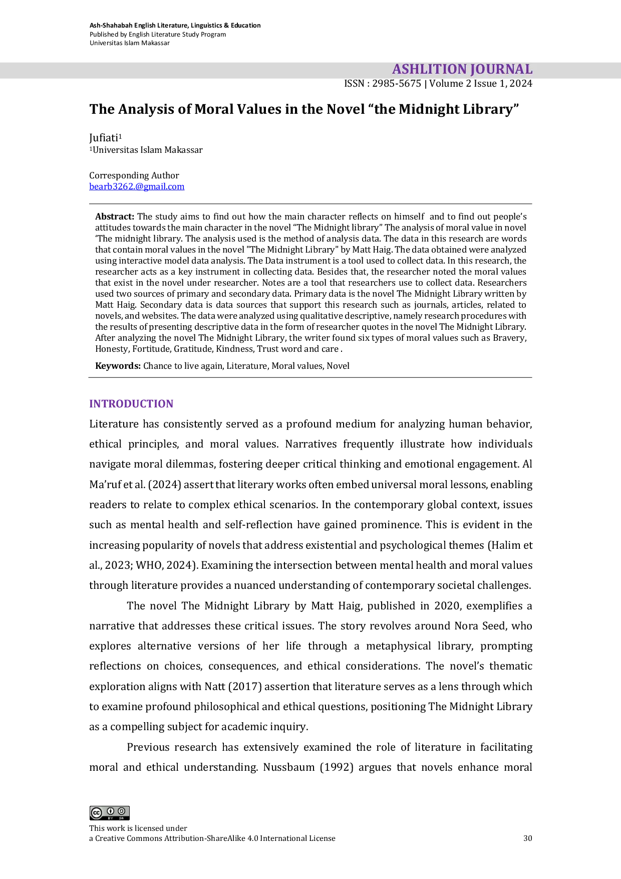 JURIS The Analysis of Moral Values in the Novel the Midnight Library