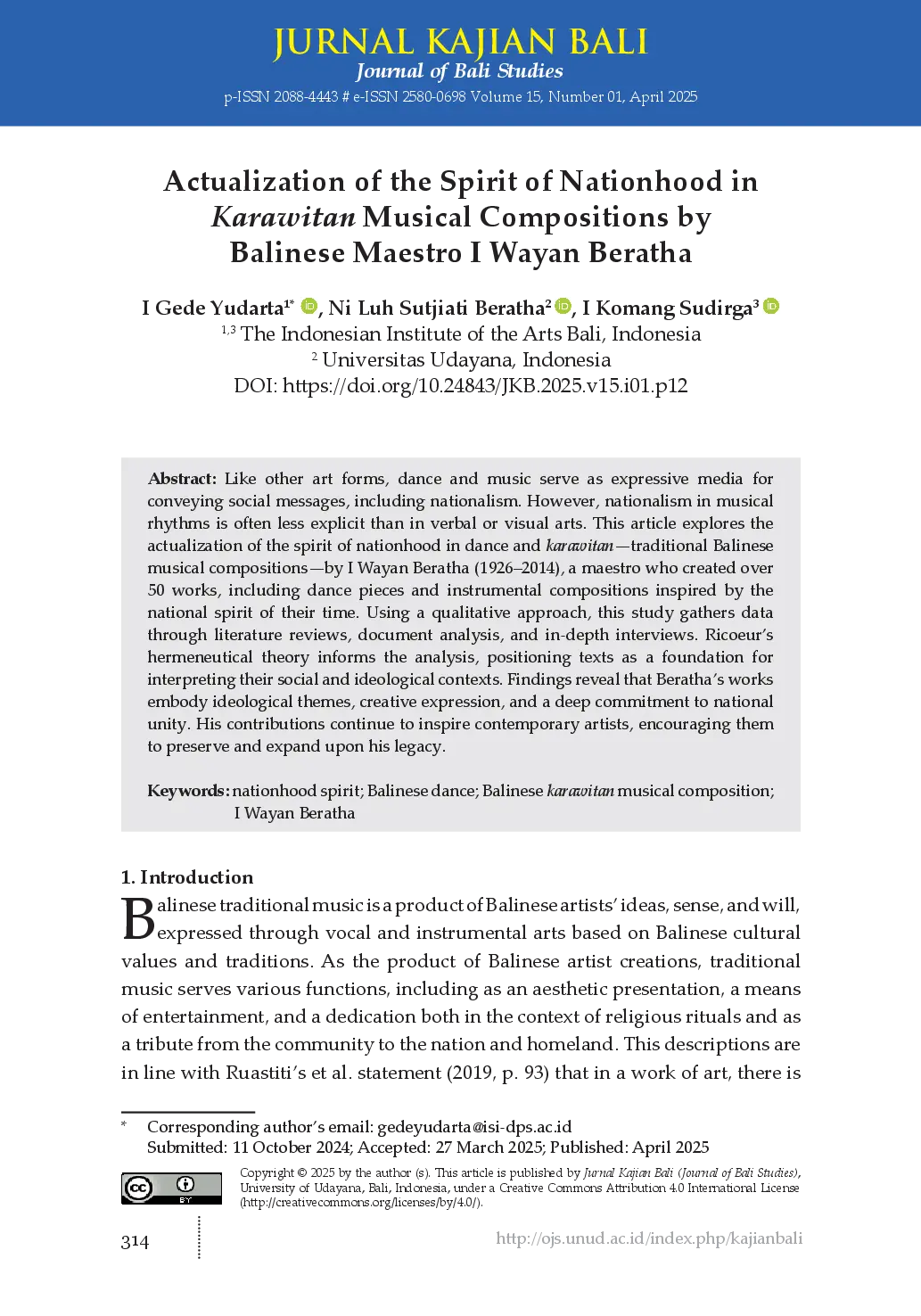 juris Actualization of the Spirit of Nationhood in Karawitan Musical Compositions by Balinese Maestro I Wayan Beratha