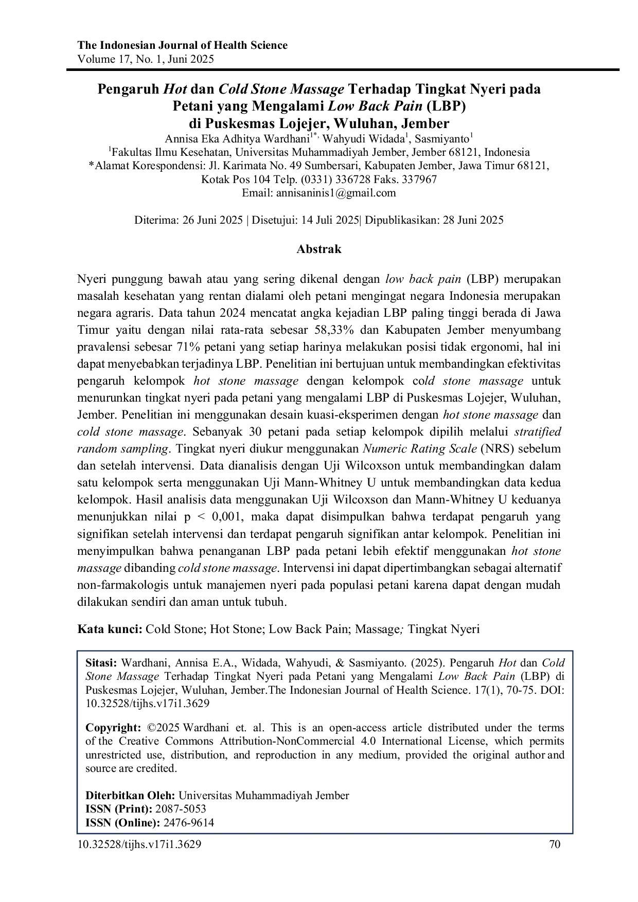 JURIS Pengaruh Hot Stone Massage Terhadap Tingkat Nyeri pada Petani yang Mengalami Low Back Pain LBP di Puskesmas Lojejer Wuluhan Jember