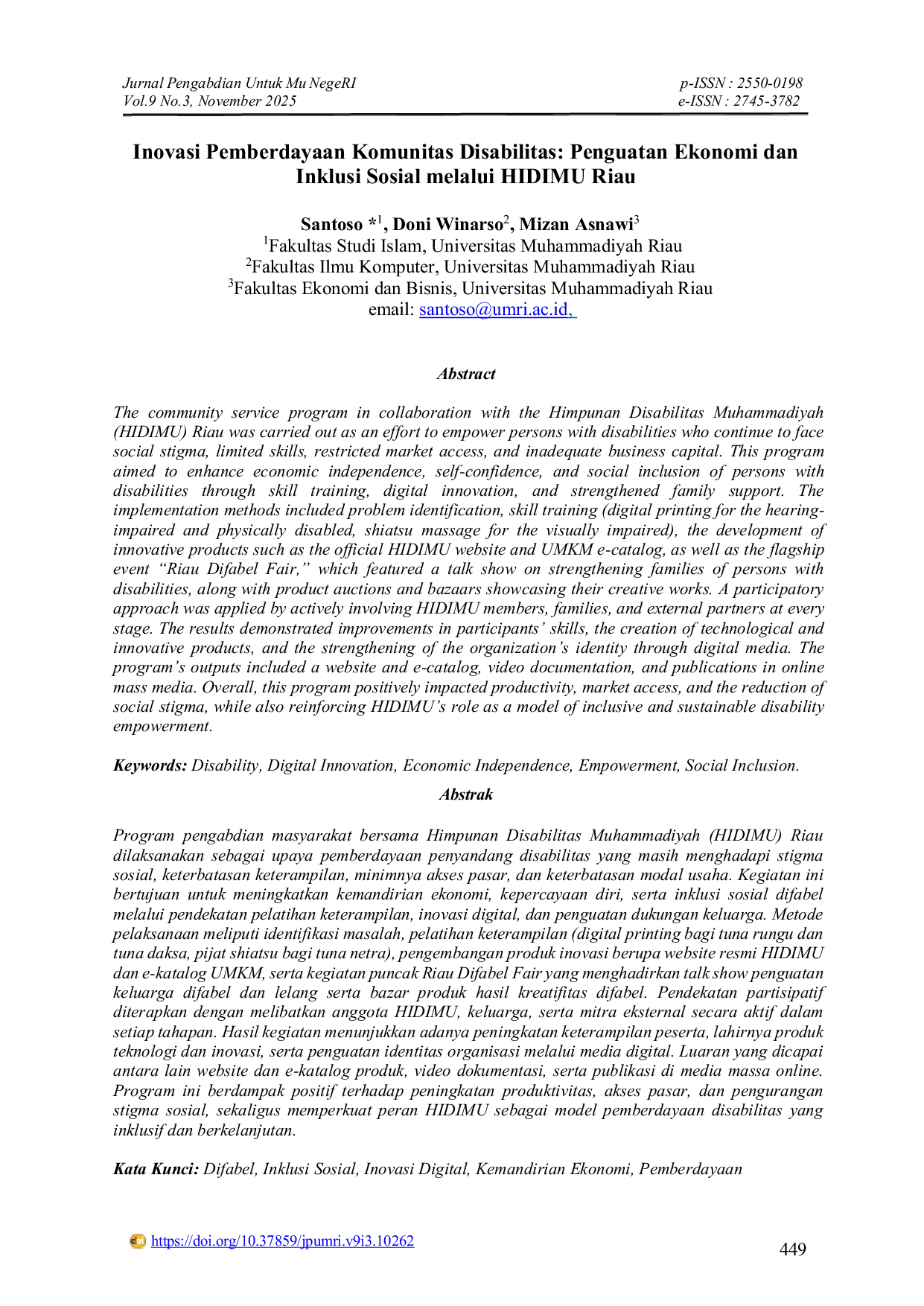 JURIS Inovasi Pemberdayaan Komunitas Disabilitas Penguatan Ekonomi dan Inklusi Sosial melalui HIDIMU Riau