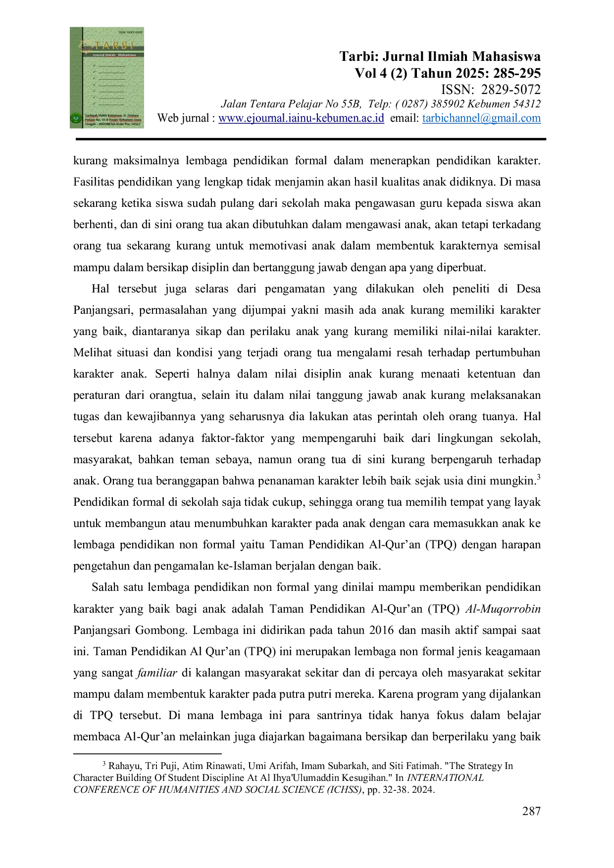 JURIS Peran Guru Ngaji dalam Meningkatkan Karakter Santri pada Aspek Disiplin dan Tanggung Jawab di Taman Pendidikan Al Qur an TPQ Al Muqorrobin Desa Panjangsari Kecamatan Gombong