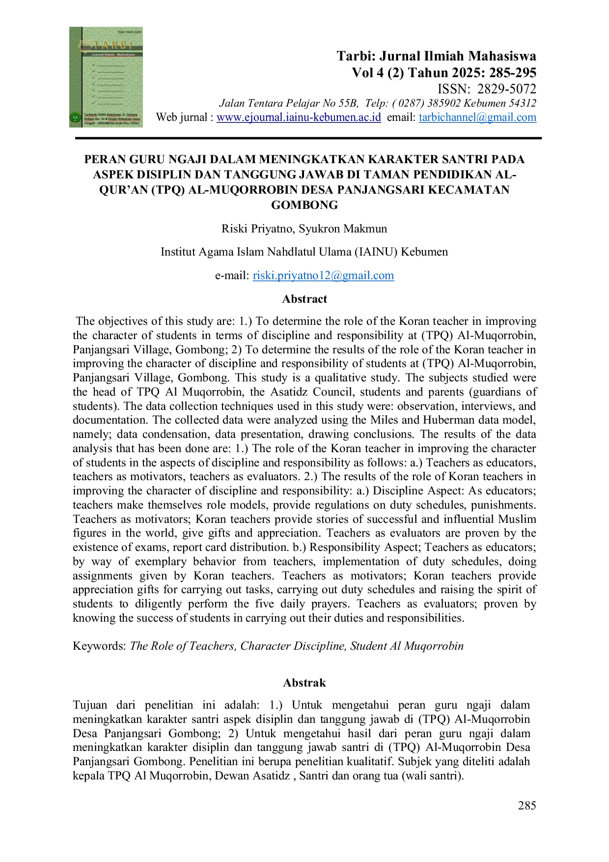 JURIS Peran Guru Ngaji dalam Meningkatkan Karakter Santri pada Aspek Disiplin dan Tanggung Jawab di Taman Pendidikan Al Qur an TPQ Al Muqorrobin Desa Panjangsari Kecamatan Gombong