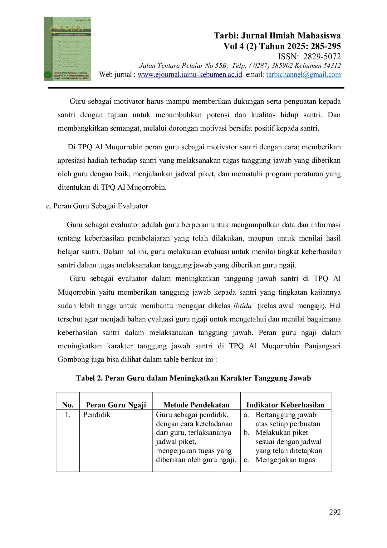 JURIS Peran Guru Ngaji dalam Meningkatkan Karakter Santri pada Aspek Disiplin dan Tanggung Jawab di Taman Pendidikan Al Qur an TPQ Al Muqorrobin Desa Panjangsari Kecamatan Gombong