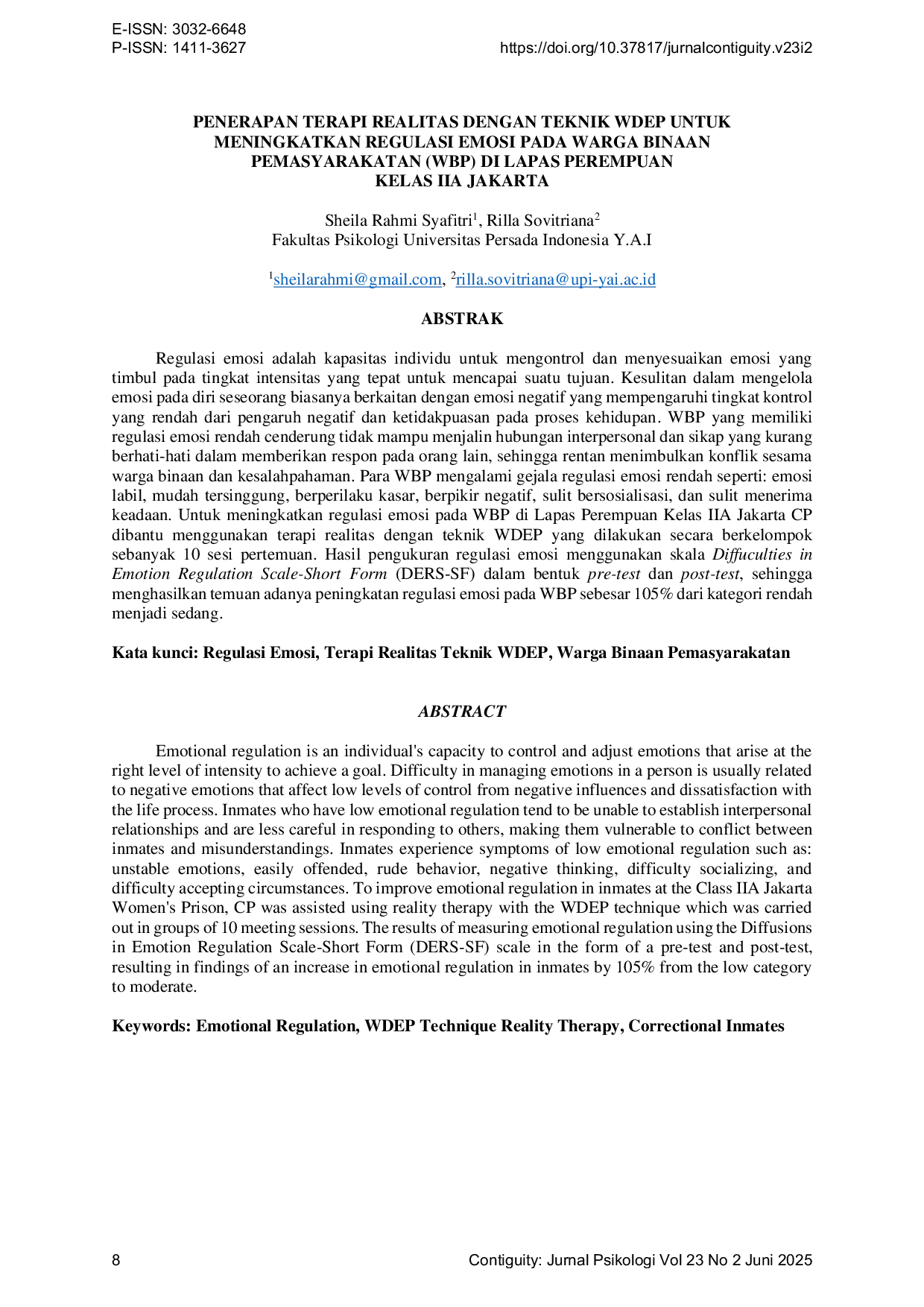 JURIS Penerapan Terapi Realitas dengan Teknik WDEP untuk Meningkatkan Regulasi Emosi pada Warga Binaan Pemasyarakatan WBP di Lapas Perempuan Kelas IIA Jakarta