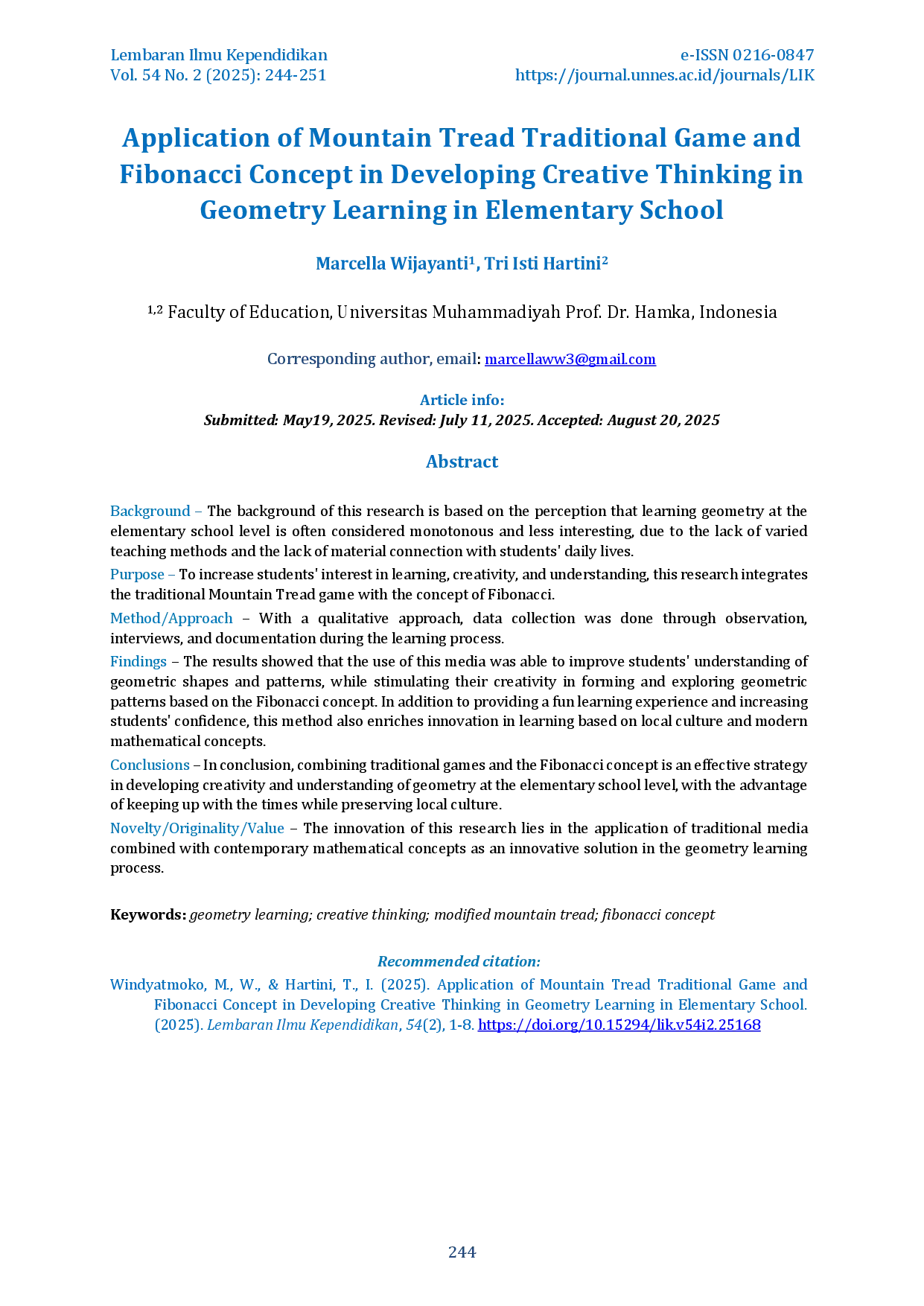 juris Application of Mountain Tread Traditional Game and Fibonacci Concept in Developing Creative Thinking in Geometry Learning in Elementary School