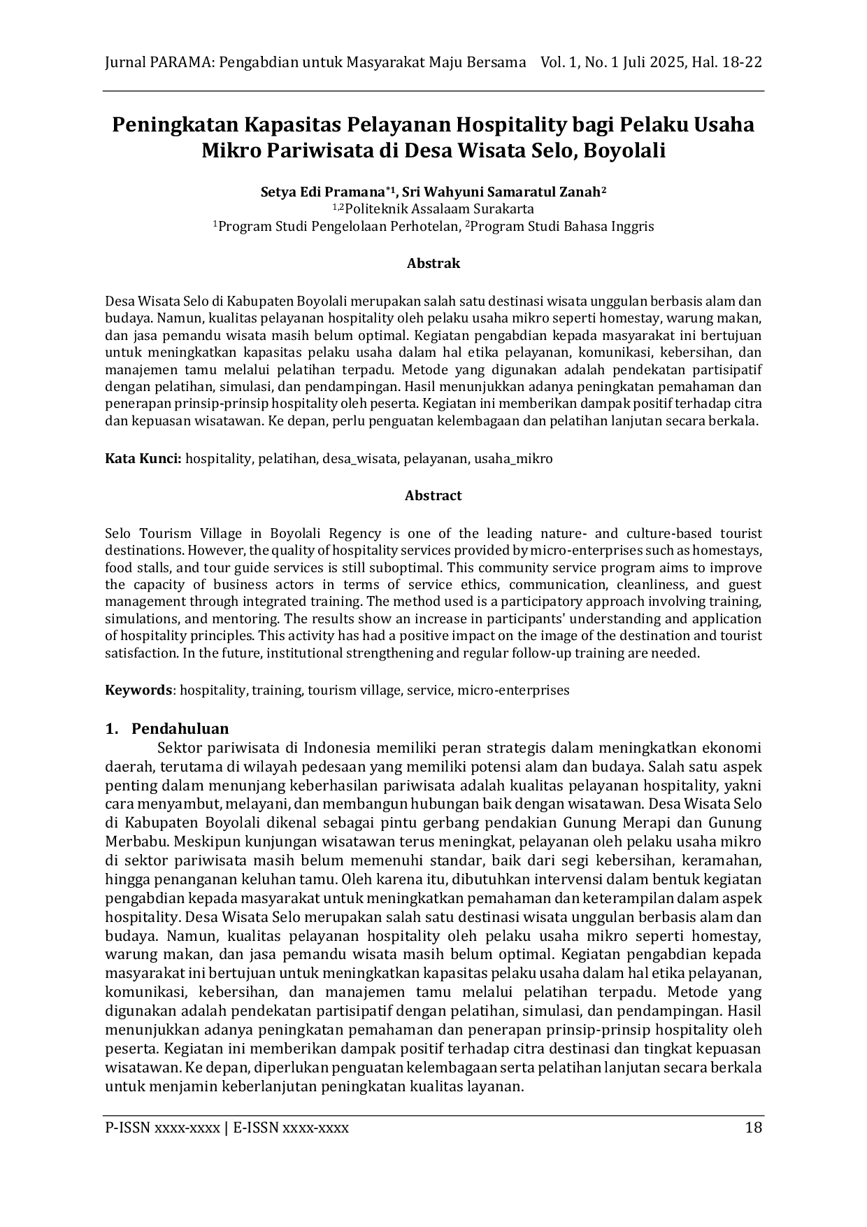 JURIS Peningkatan Kapasitas Pelayanan Hospitality bagi Pelaku Usaha Mikro Pariwisata di Desa Wisata Selo Boyolali