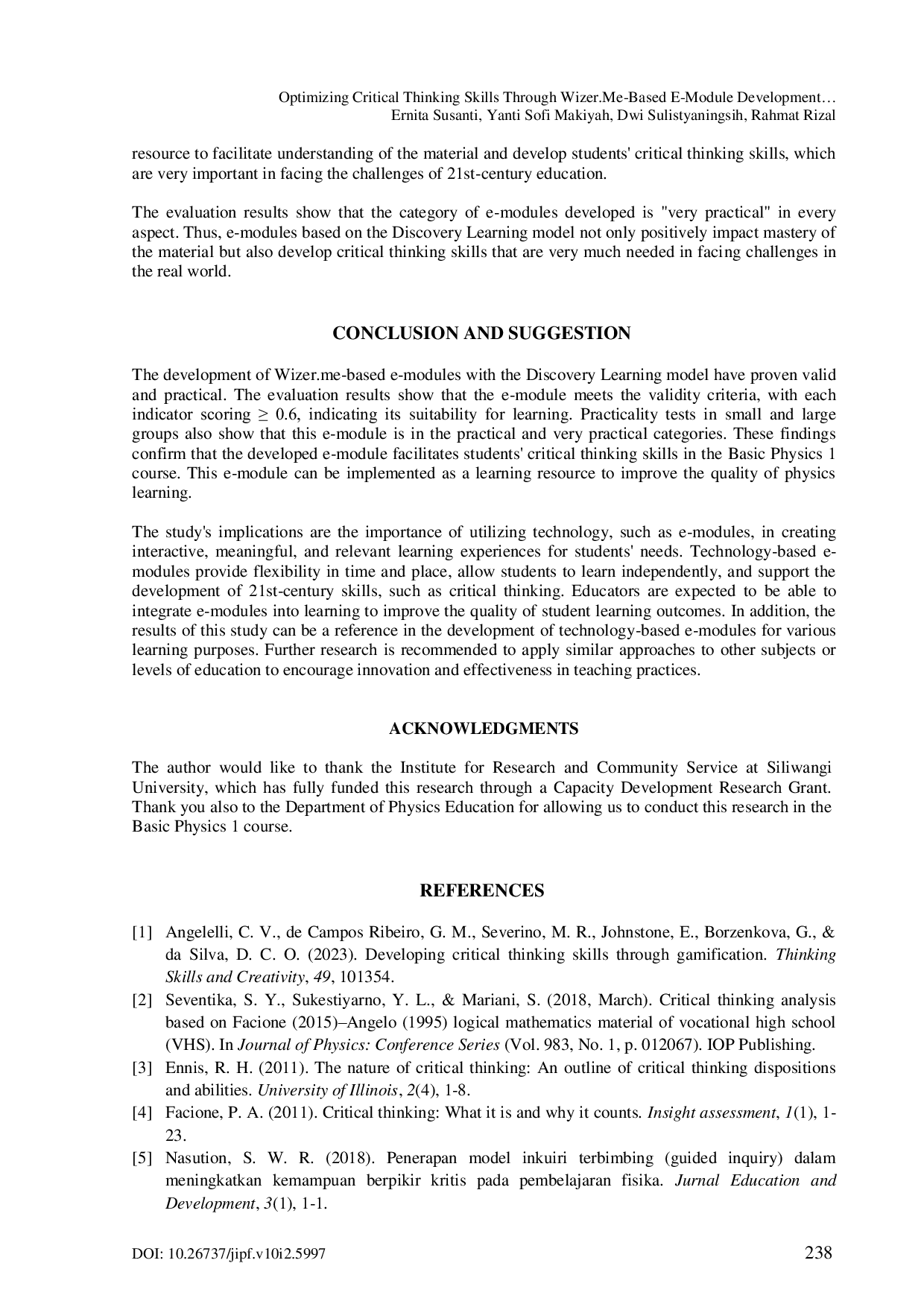 JURIS Optimizing Critical Thinking Skills Through Wizer Me Based E Module Development Using Discovery Learning Model in Basic Physics