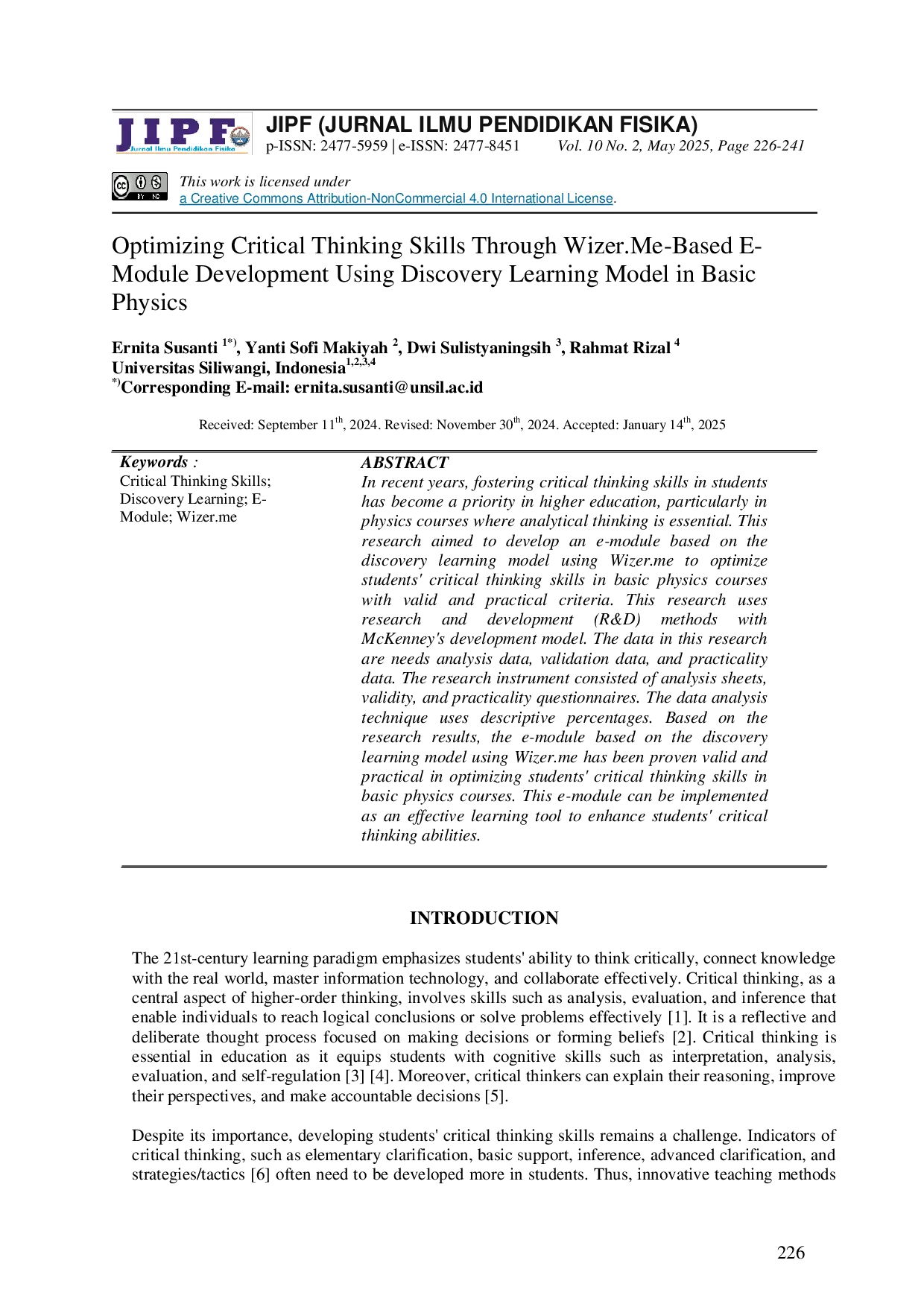 JURIS Optimizing Critical Thinking Skills Through Wizer Me Based E Module Development Using Discovery Learning Model in Basic Physics