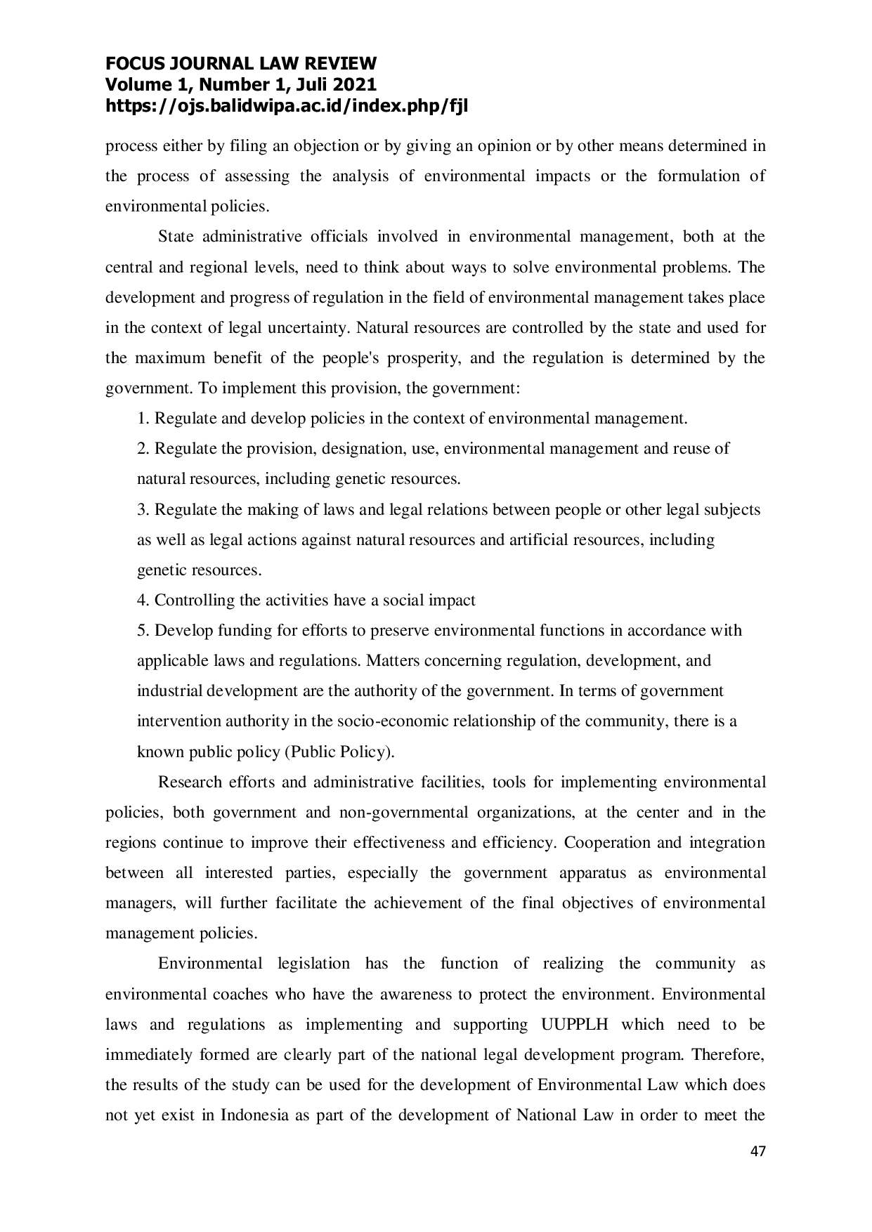 JURIS Central Government Authority in Environmental Management In the Province