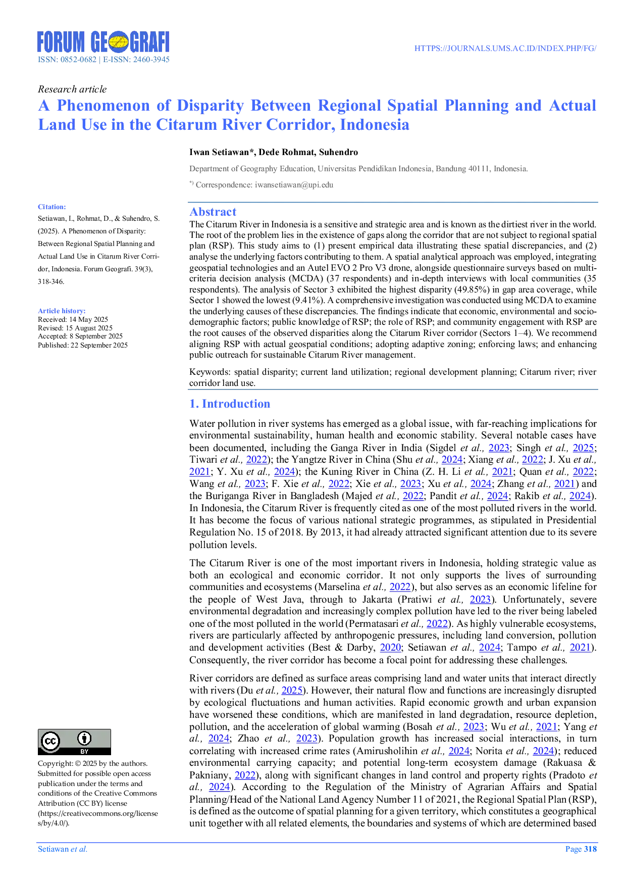 JURIS A Phenomenon of Disparity Between Regional Spatial Planning and Actual Land Use in the Citarum River Corridor Indonesia