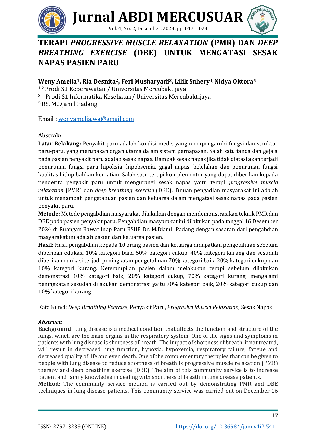 JURIS Terapi Progressive Muscle Relaxation PMR Dan Deep Breathing Exercise DBE Untuk Mengatasi Sesak Napas Pasien Paru