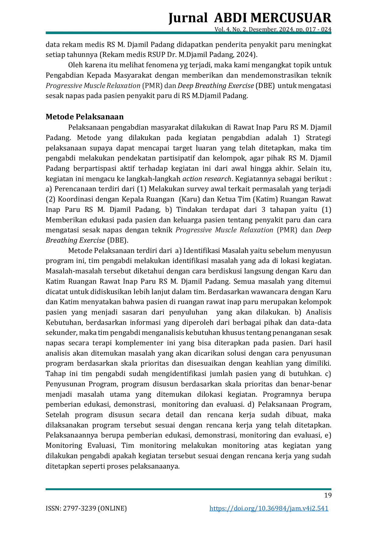 JURIS Terapi Progressive Muscle Relaxation PMR Dan Deep Breathing Exercise DBE Untuk Mengatasi Sesak Napas Pasien Paru