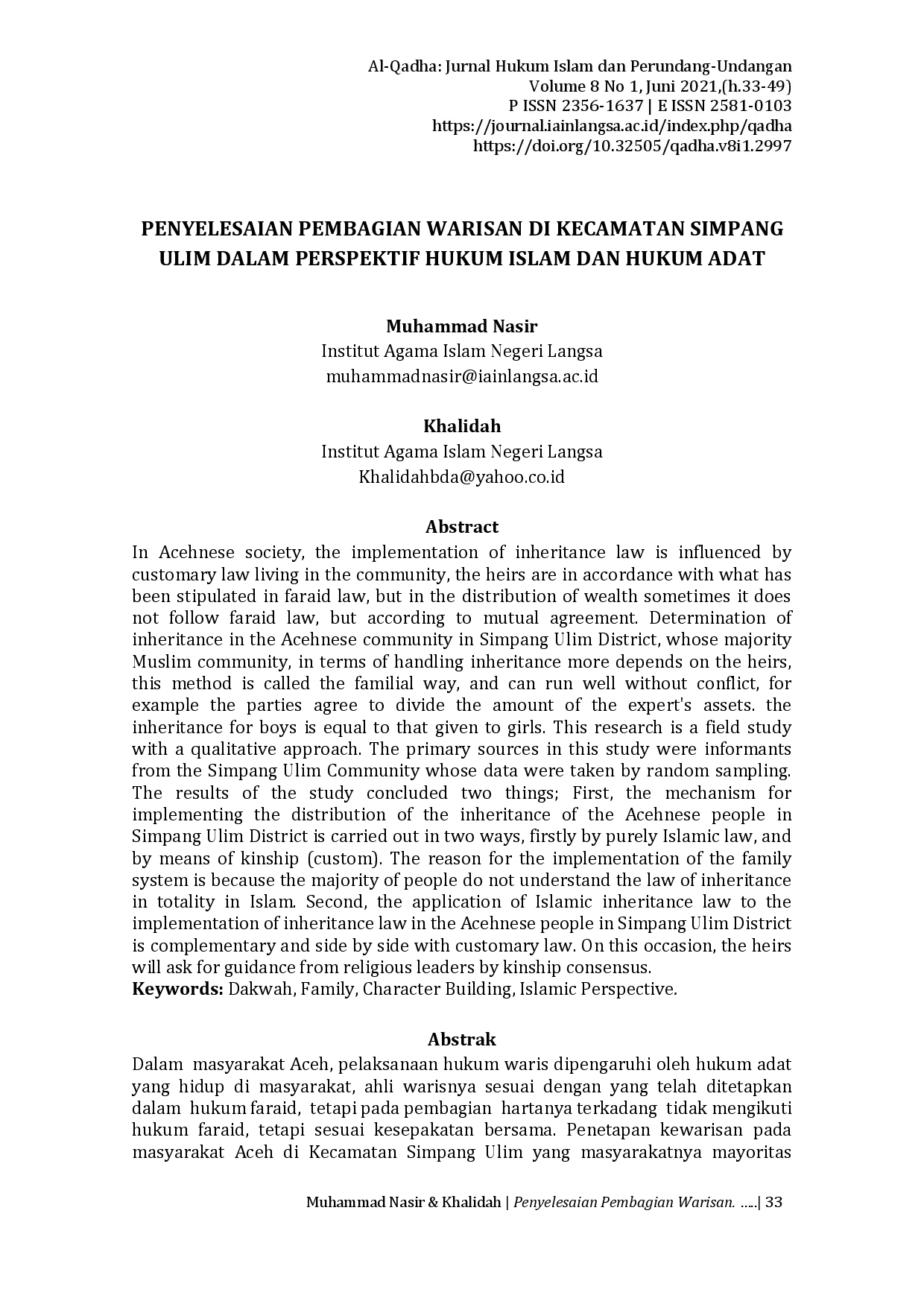 juris Penyelesaian Pembagian Warisan Di Kecamatan Simpang Ulim Dalam Perspektif Hukum Islam dan Hukum Adat