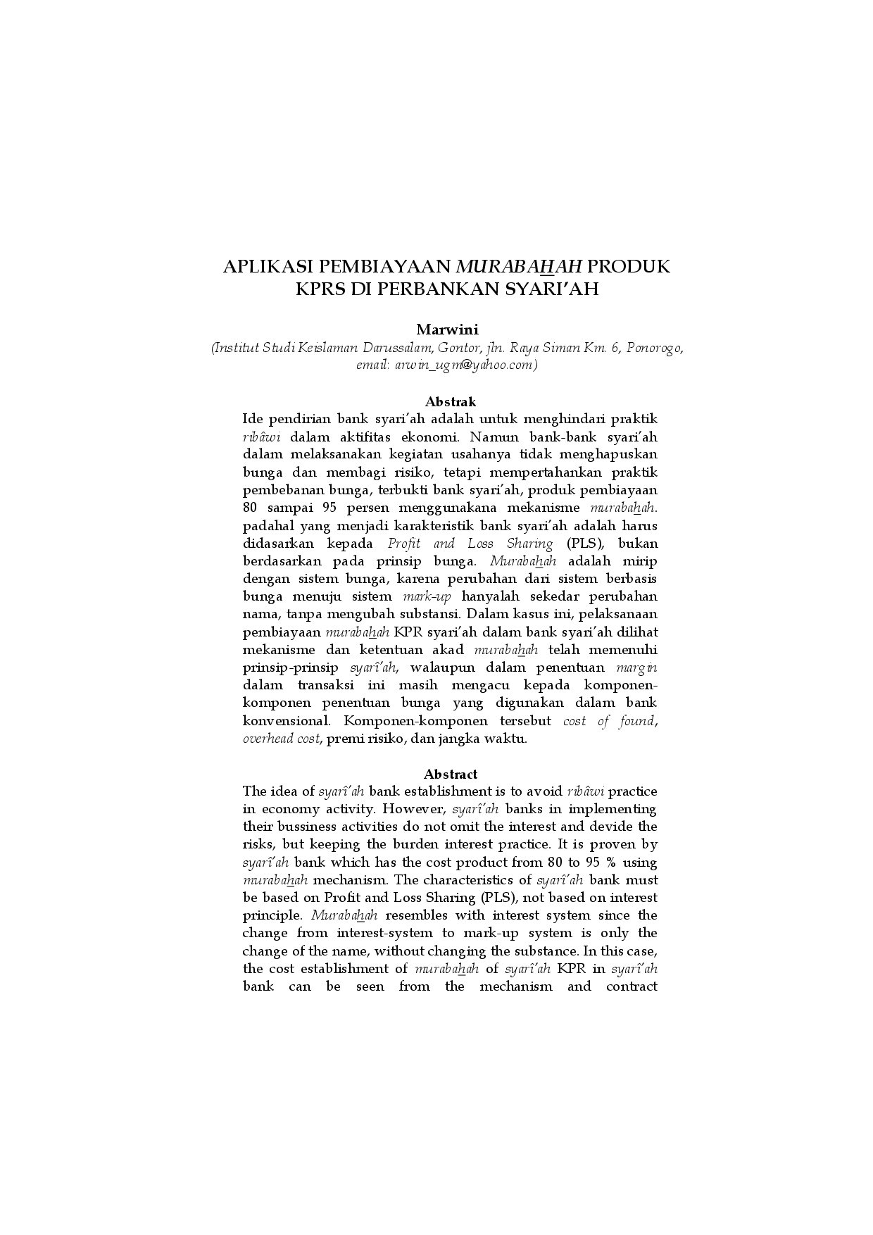 juris APLIKASI PEMBIAYAAN MURABAHAH PRODUK KPRS DI PERBANKAN SYARI AH