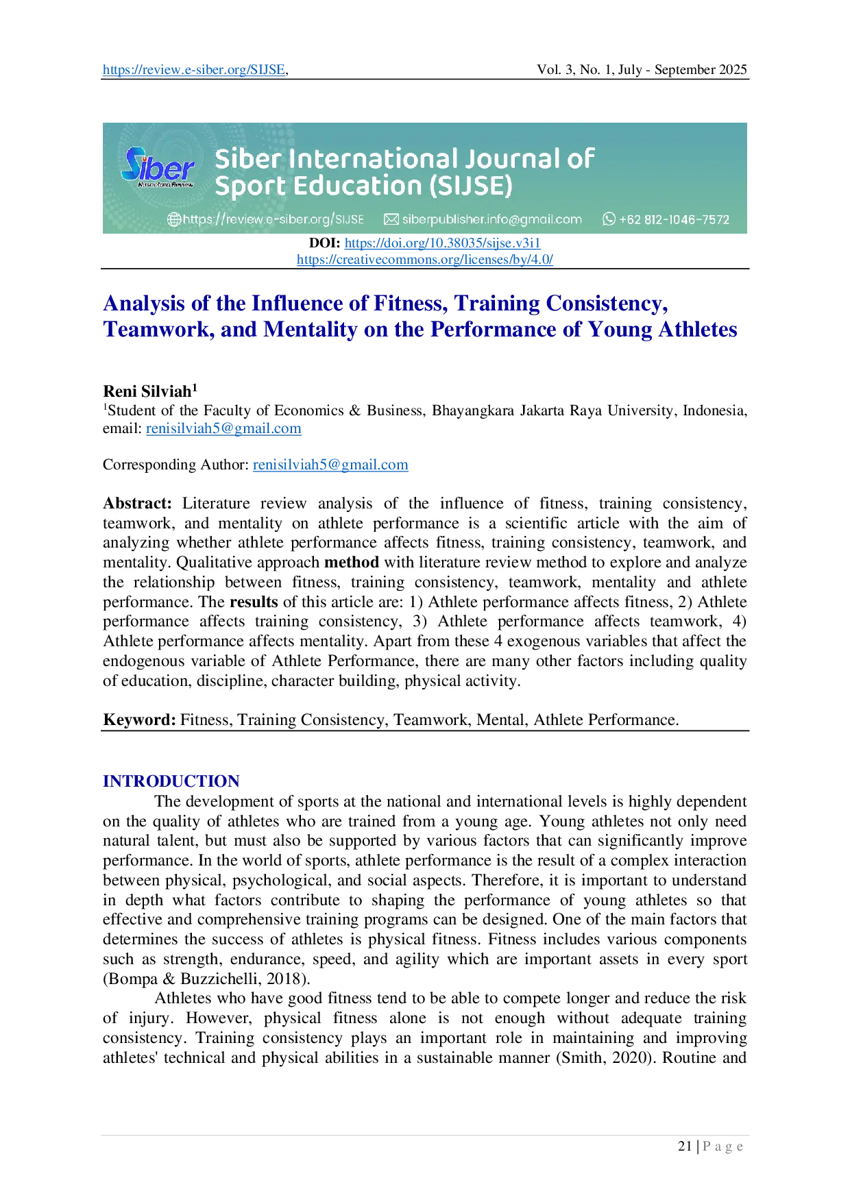 JURIS Analysis of the Influence of Fitness Training Consistency Teamwork and Mentality on the Performance of Young Athletes