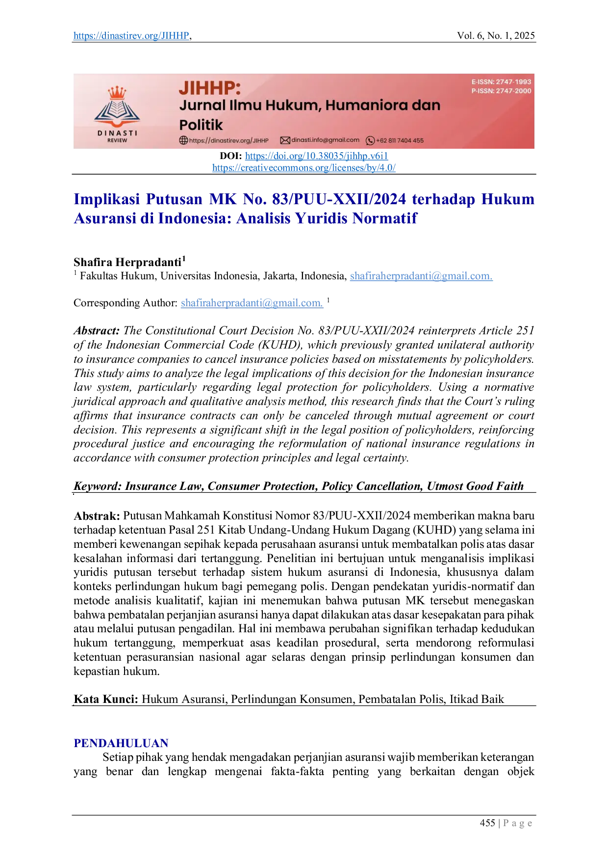 JURIS Implikasi Putusan MK No 83 PUU XXII 2024 terhadap Hukum Asuransi di Indonesia Analisis Yuridis Normatif
