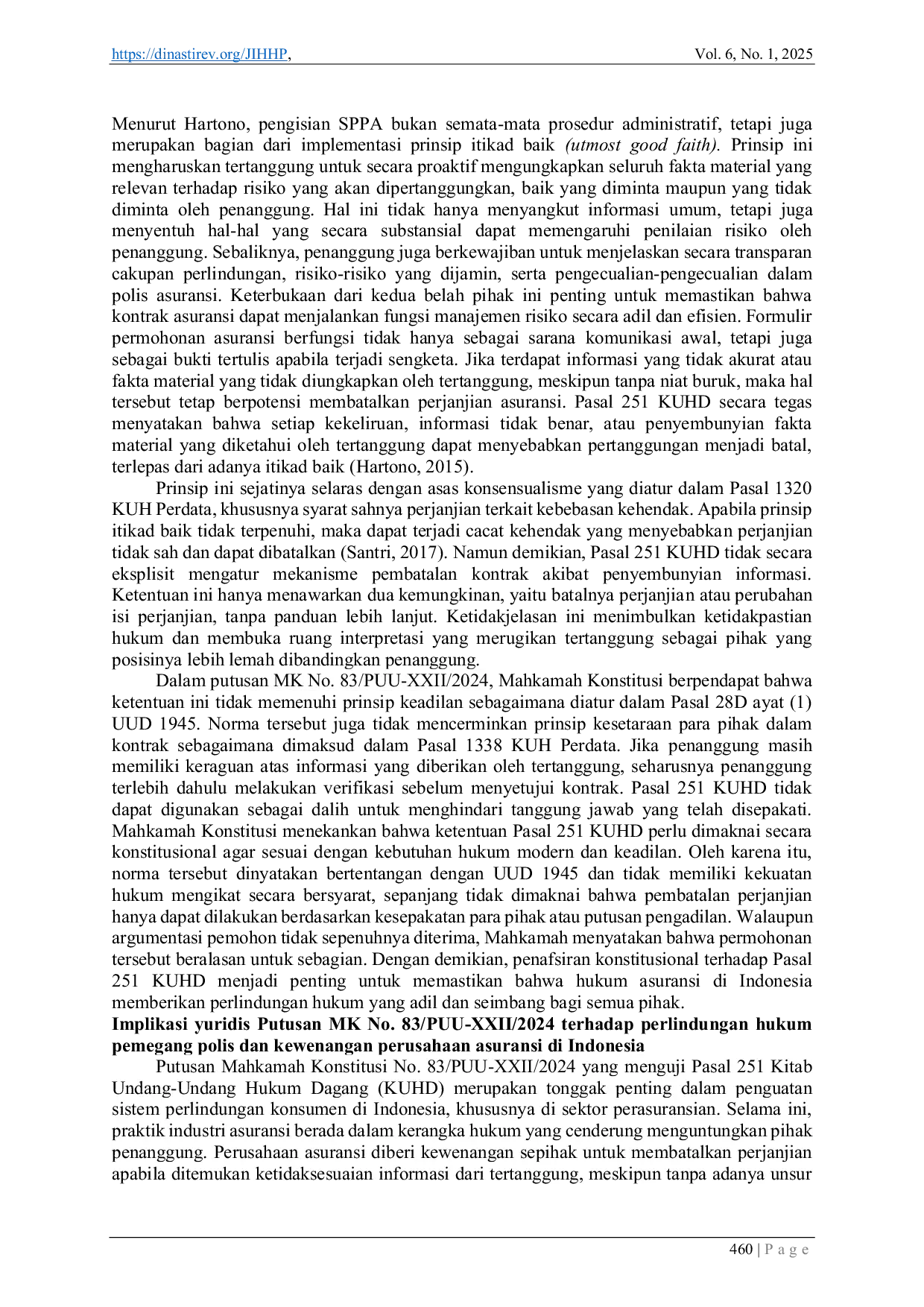 JURIS Implikasi Putusan MK No 83 PUU XXII 2024 terhadap Hukum Asuransi di Indonesia Analisis Yuridis Normatif