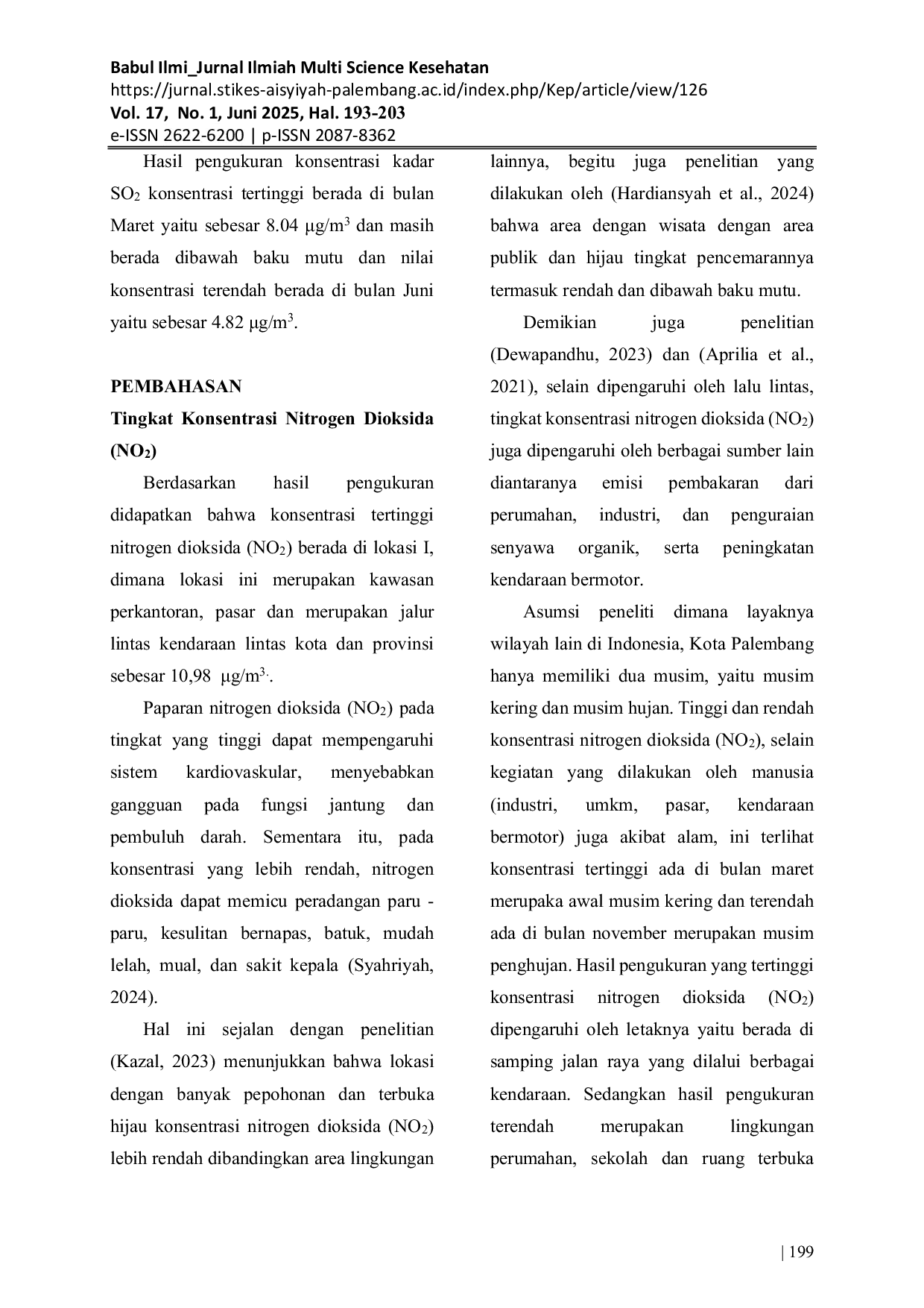 JURIS Analisis Konsentrasi Sulfur Dioksida SoCC Dan Nitrogen Dioksida NoCC Terhadap Kualitas Udara Ambien Di Kota Palembang