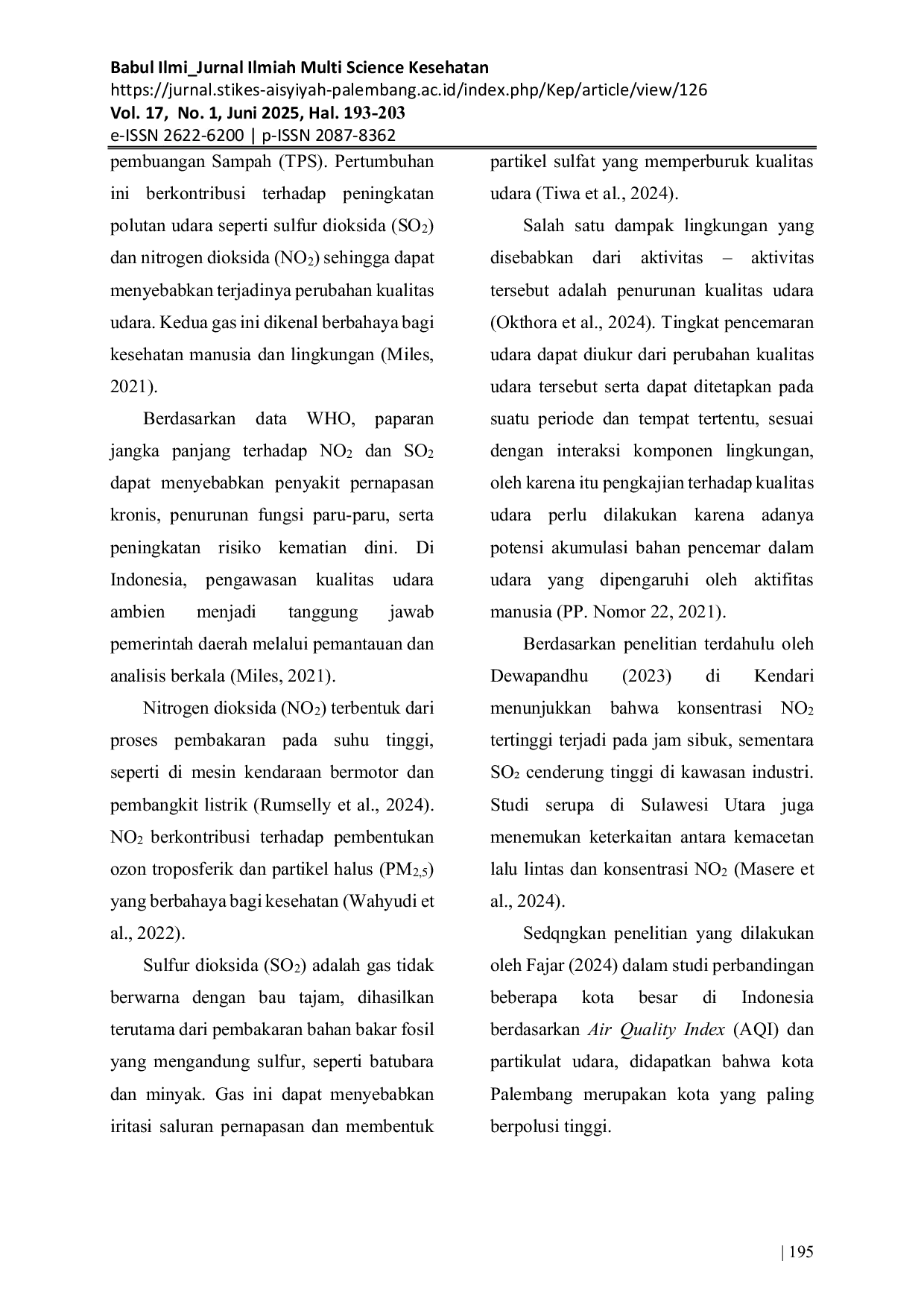 JURIS Analisis Konsentrasi Sulfur Dioksida SoCC Dan Nitrogen Dioksida NoCC Terhadap Kualitas Udara Ambien Di Kota Palembang