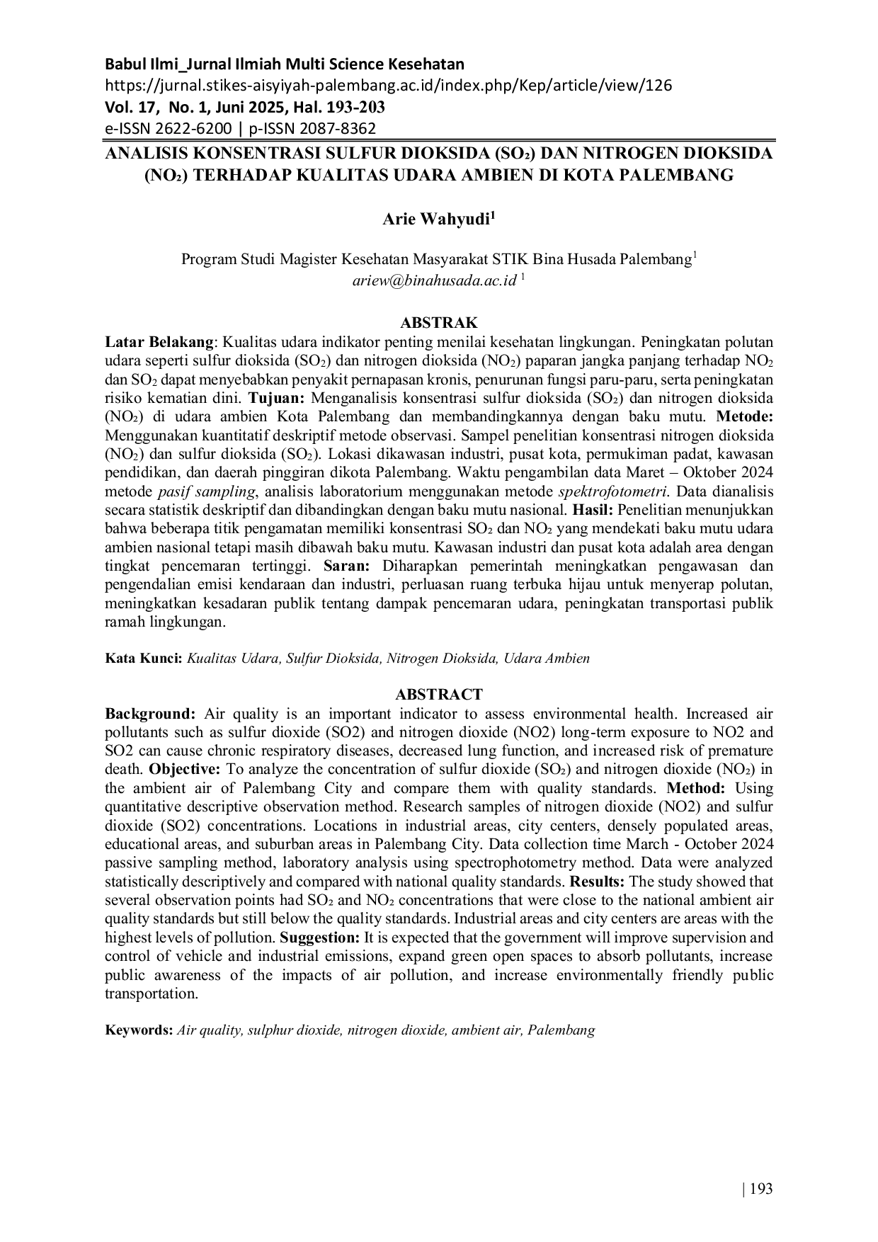 JURIS Analisis Konsentrasi Sulfur Dioksida SoCC Dan Nitrogen Dioksida NoCC Terhadap Kualitas Udara Ambien Di Kota Palembang