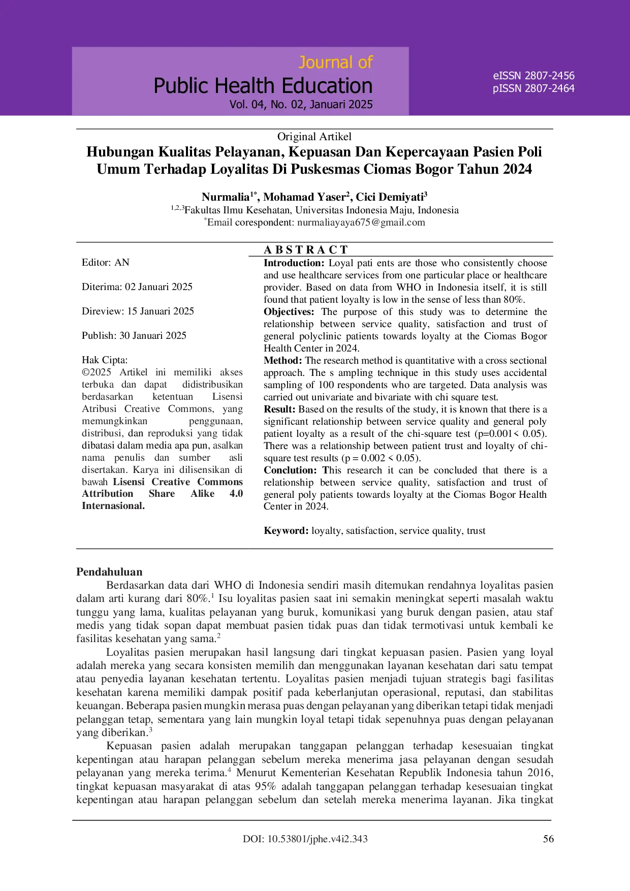 JURIS Hubungan Kualitas Pelayanan Kepuasan Dan Kepercayaan Pasien Poli Umum Terhadap Loyalitas Di Puskesmas Ciomas Bogor Tahun 2024