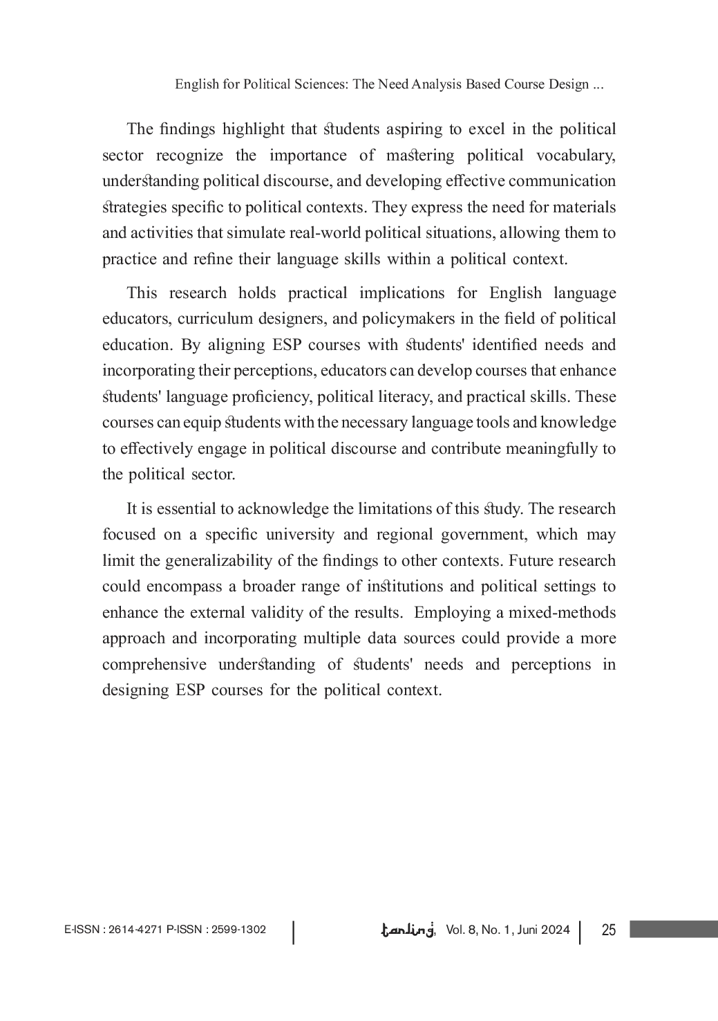 JURIS English for Political Sciences The Need Analysis Based Course Design