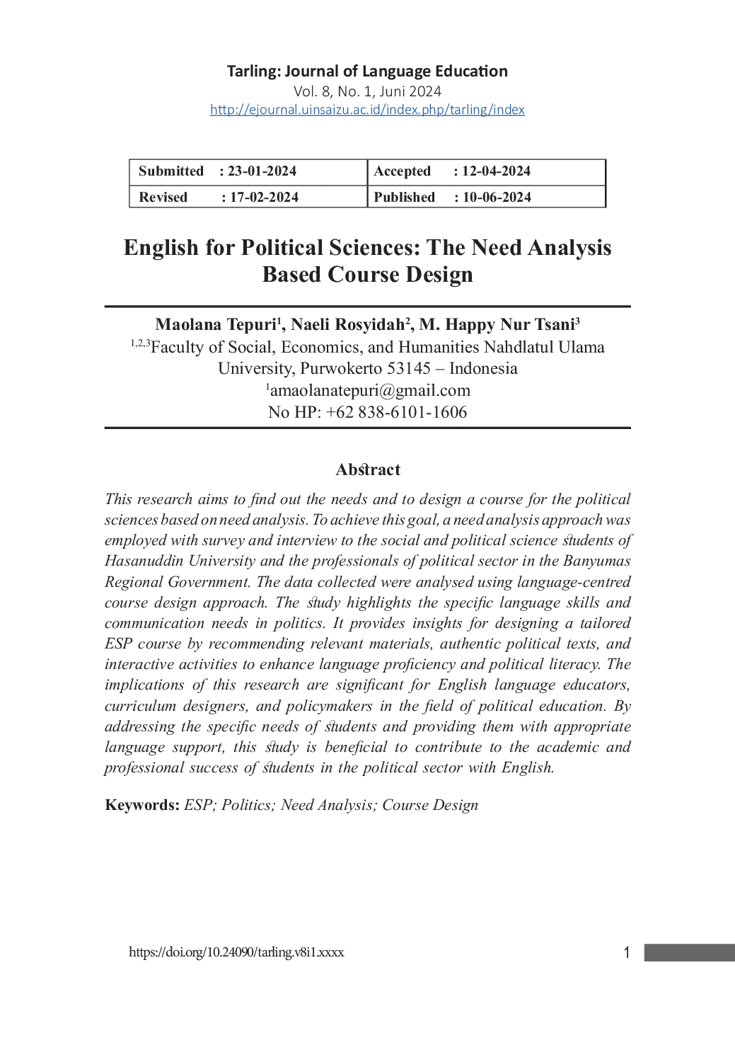 JURIS English for Political Sciences The Need Analysis Based Course Design
