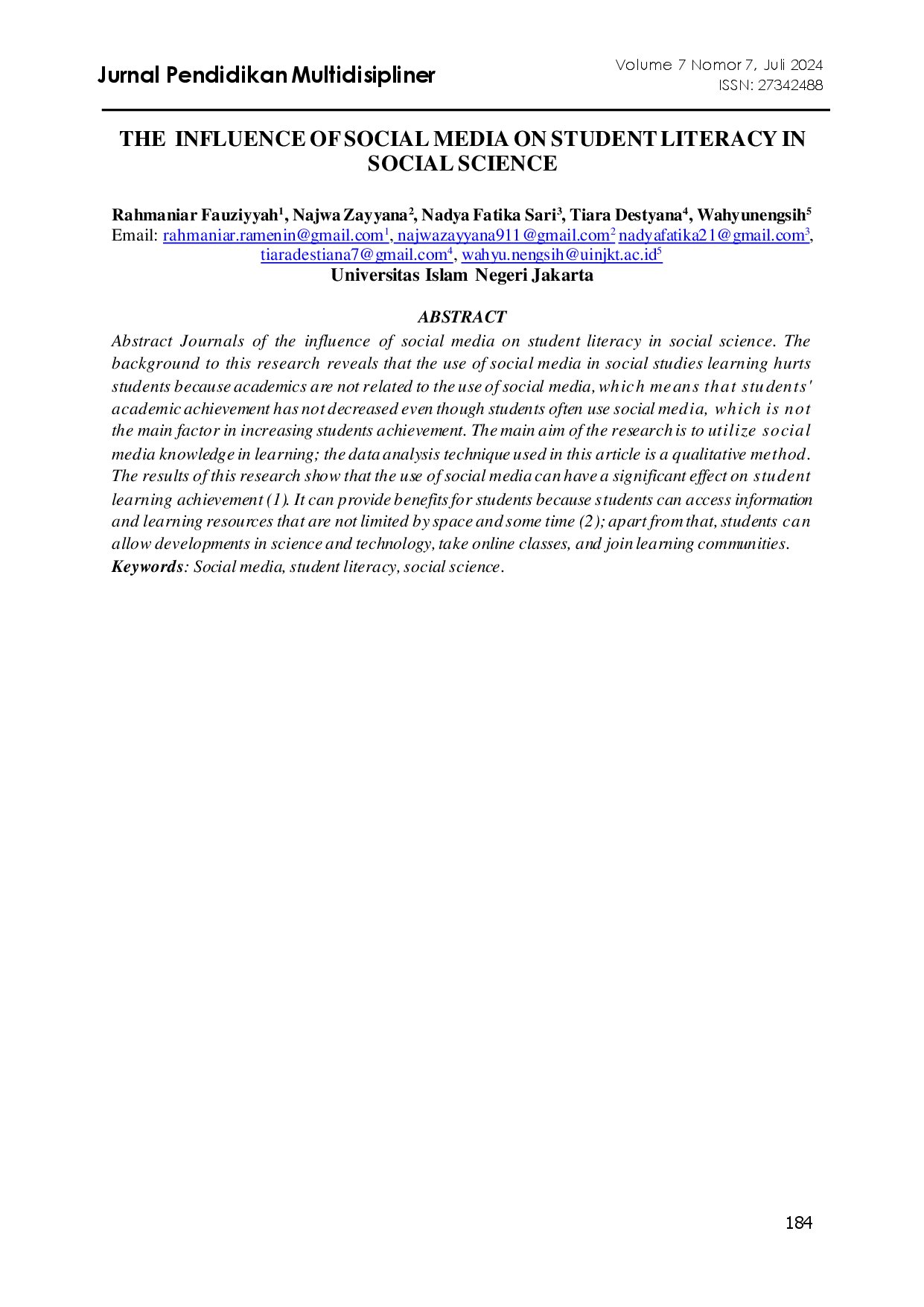 juris The Influence of Social Media on Student Literacy in Social Science