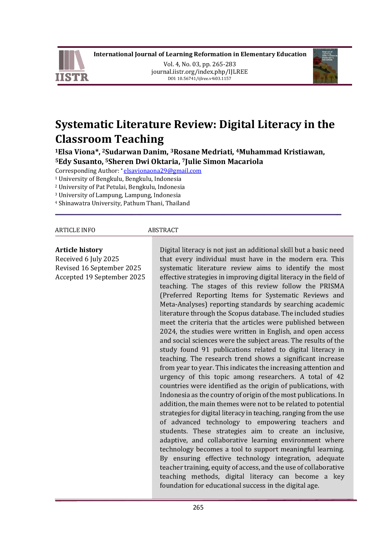 JURIS Systematic Literature Review Digital Literacy in the Classroom Teaching