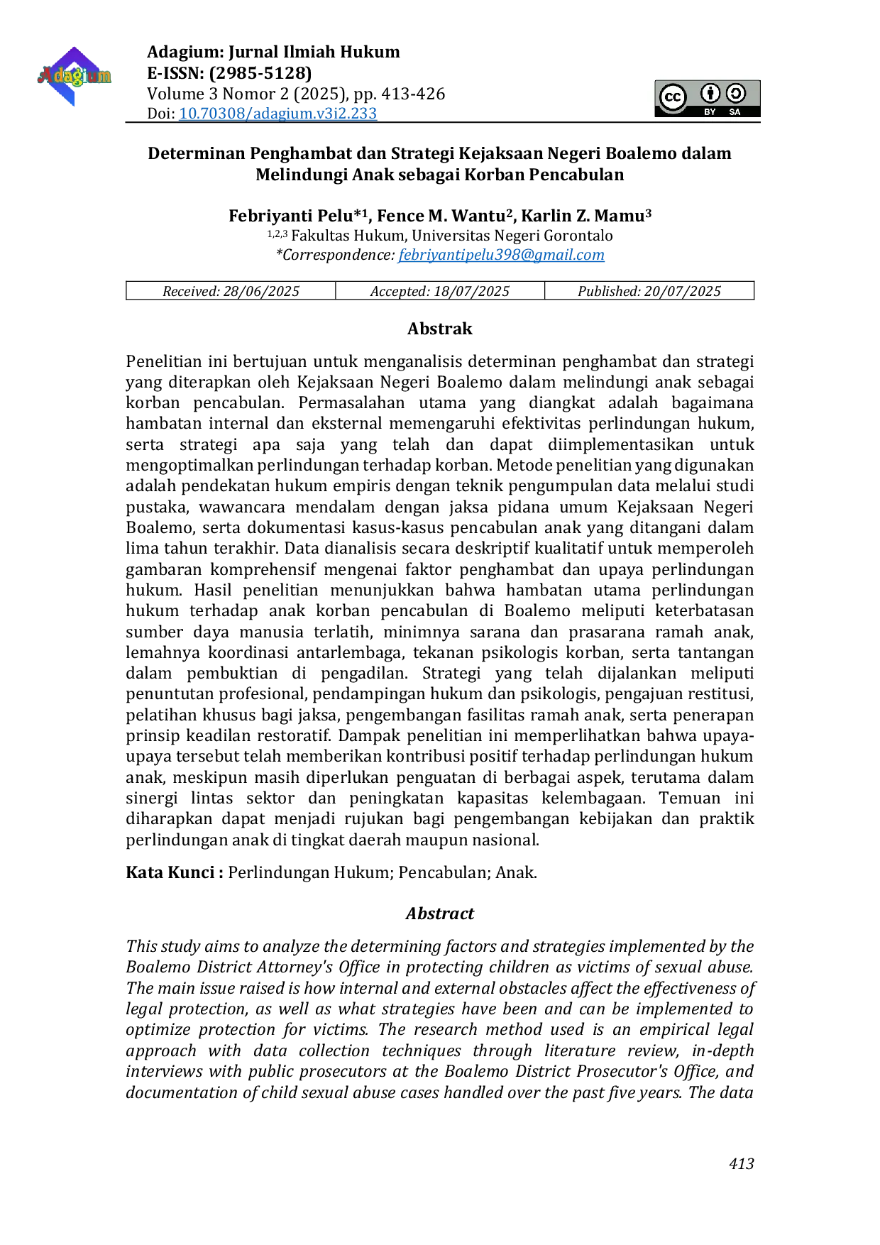 JURIS Determinan Penghambat dan Strategi Kejaksaan Negeri Boalemo dalam Melindungi Anak sebagai Korban Pencabulan