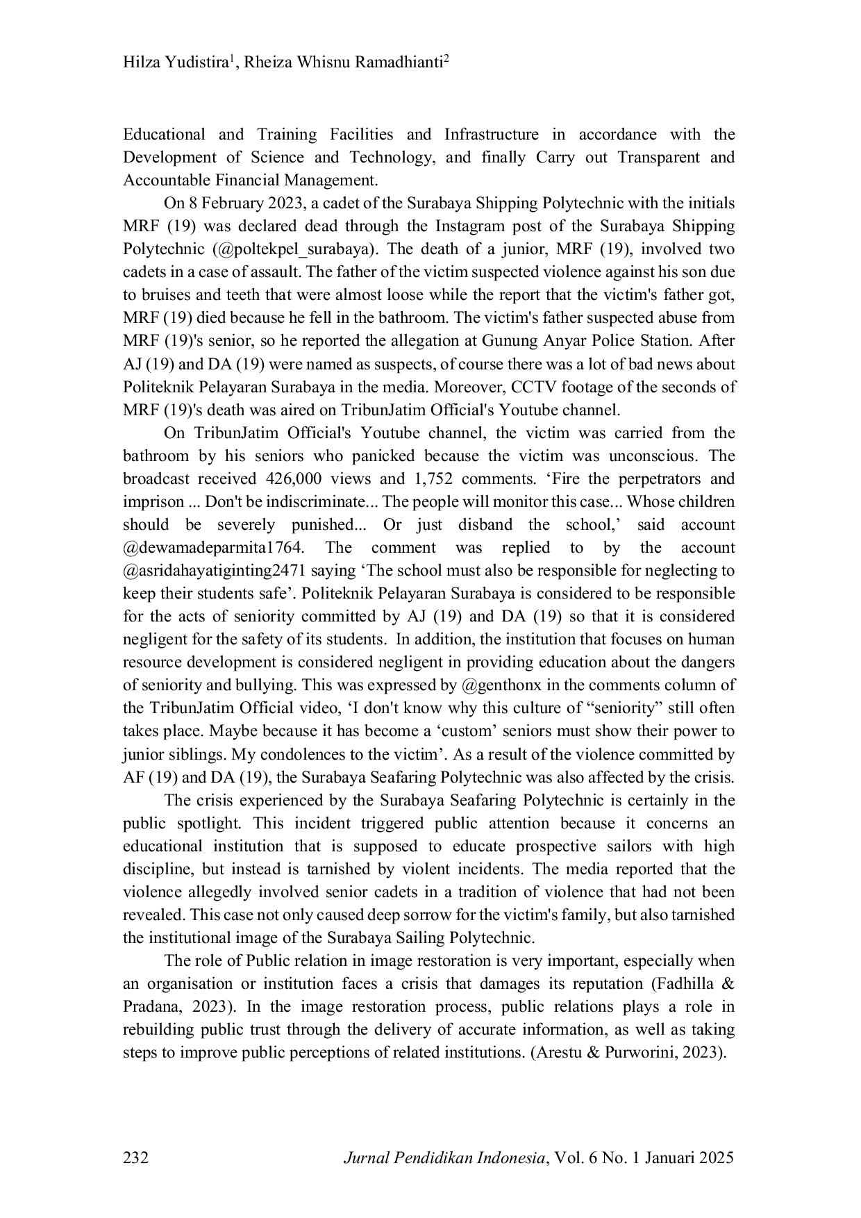 JURIS Public Relations Crisis Communication of Surabaya Shipping Polytechnic in Post Crisis Image Recovery