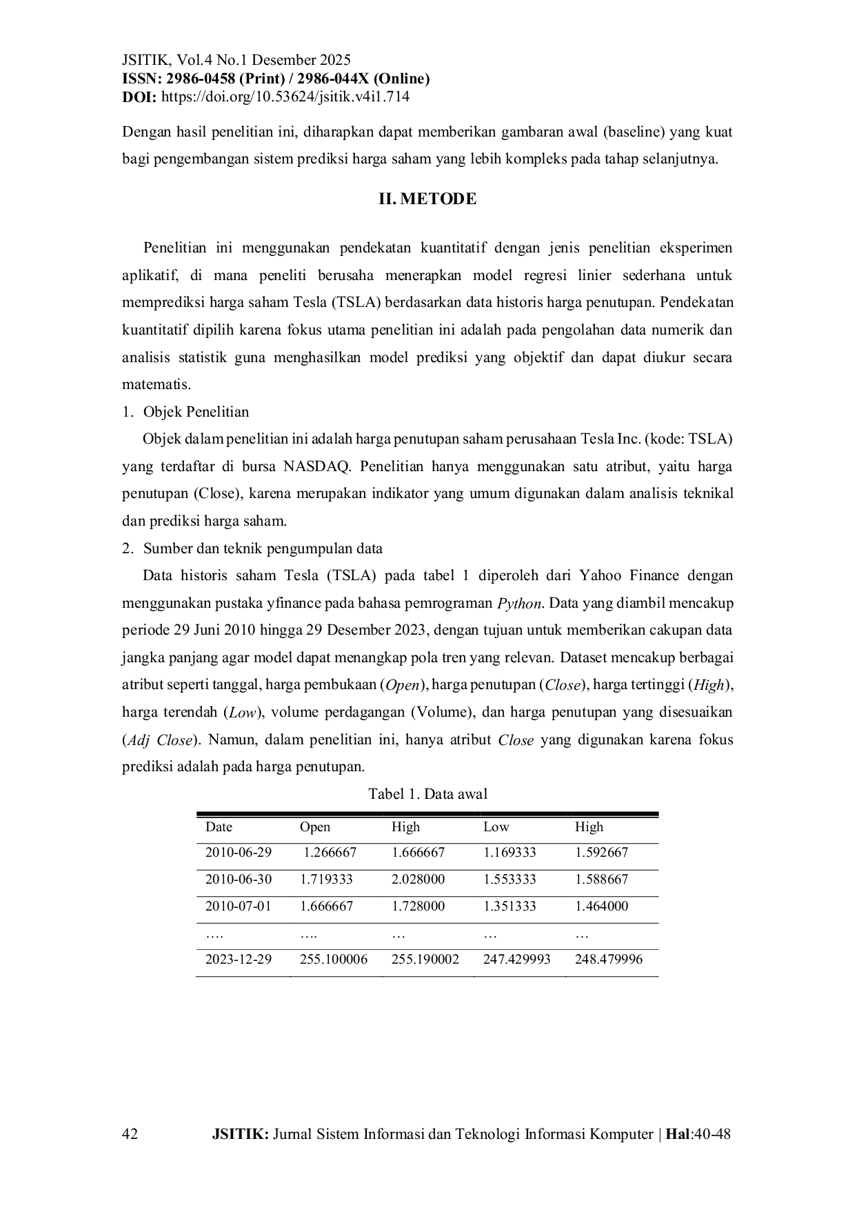 JURIS Implementasi Regresi Linier untuk Prediksi Harga Saham Tesla