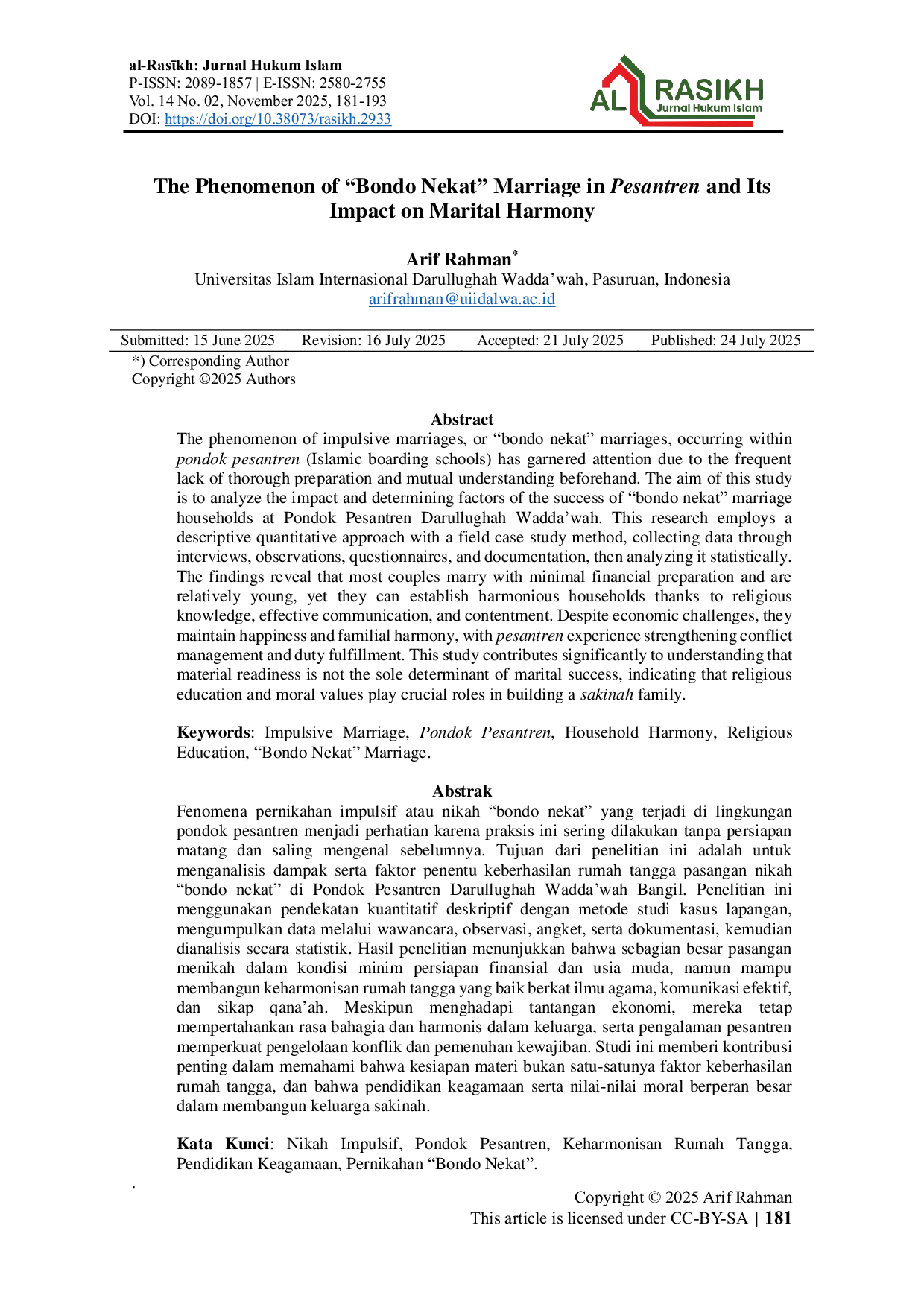 JURIS The Phenomenon of Bondo Nekat Marriage in Pesantren and Its Impact on Marital Harmony