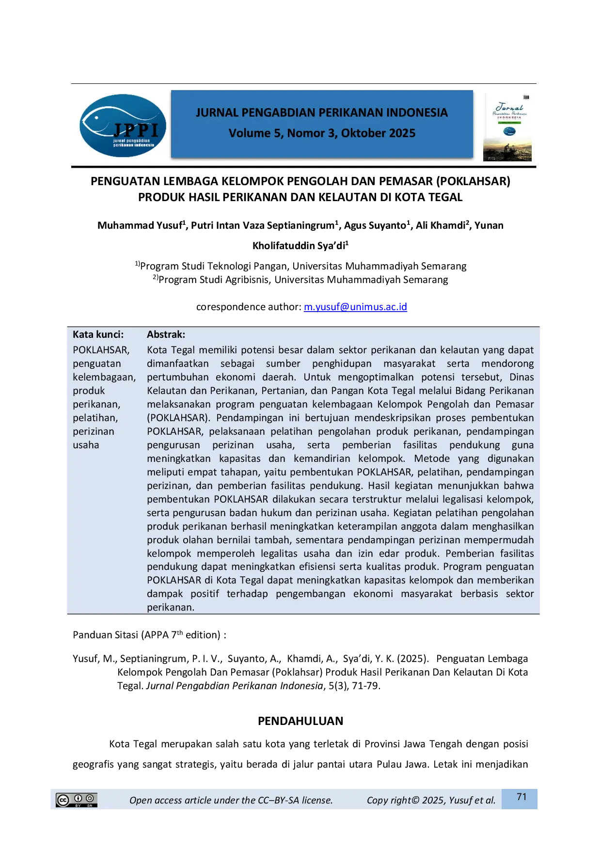 JURIS Penguatan Lembaga Kelompok Pengolah dan Pemasar POKLAHSAR Produk Hasil Perikanan dan Kelautan di Kota Tegal