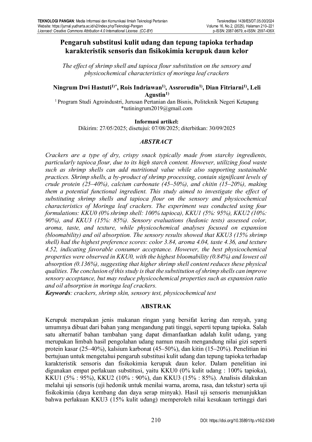 JURIS Pengaruh substitusi kulit udang dan tepung tapioka terhadap karakteristik sensoris dan fisikokimia kerupuk daun kelor The effect of shrimp shell and tapioca flour substitution on the sensory and phys