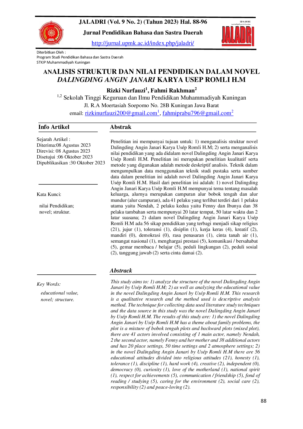 JURIS Analisis Struktur dan Nilai Pendidikan dalam Novel Dalingding Angin Janari Karya Usep Romli H M