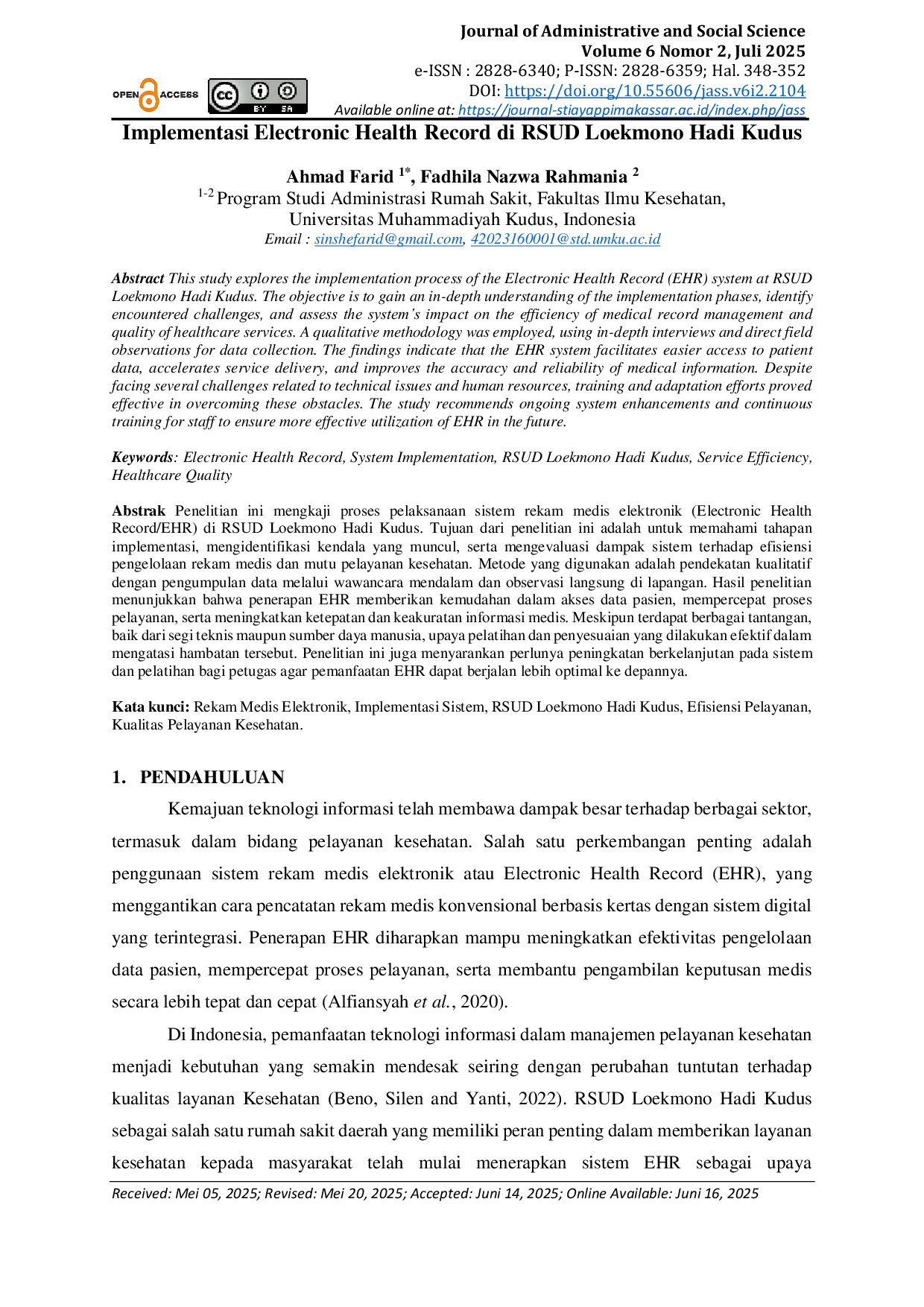 JURIS Implementasi Electronic Health Record di RSUD Loekmono Hadi Kudus