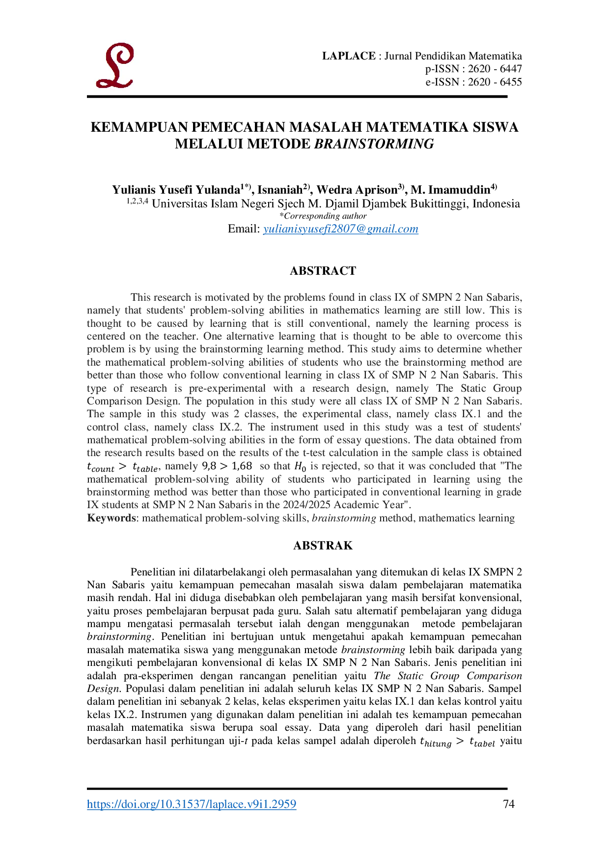 JURIS Kemampuan Pemecahan Masalah Matematika Siswa Melalui Metode Brainstorming