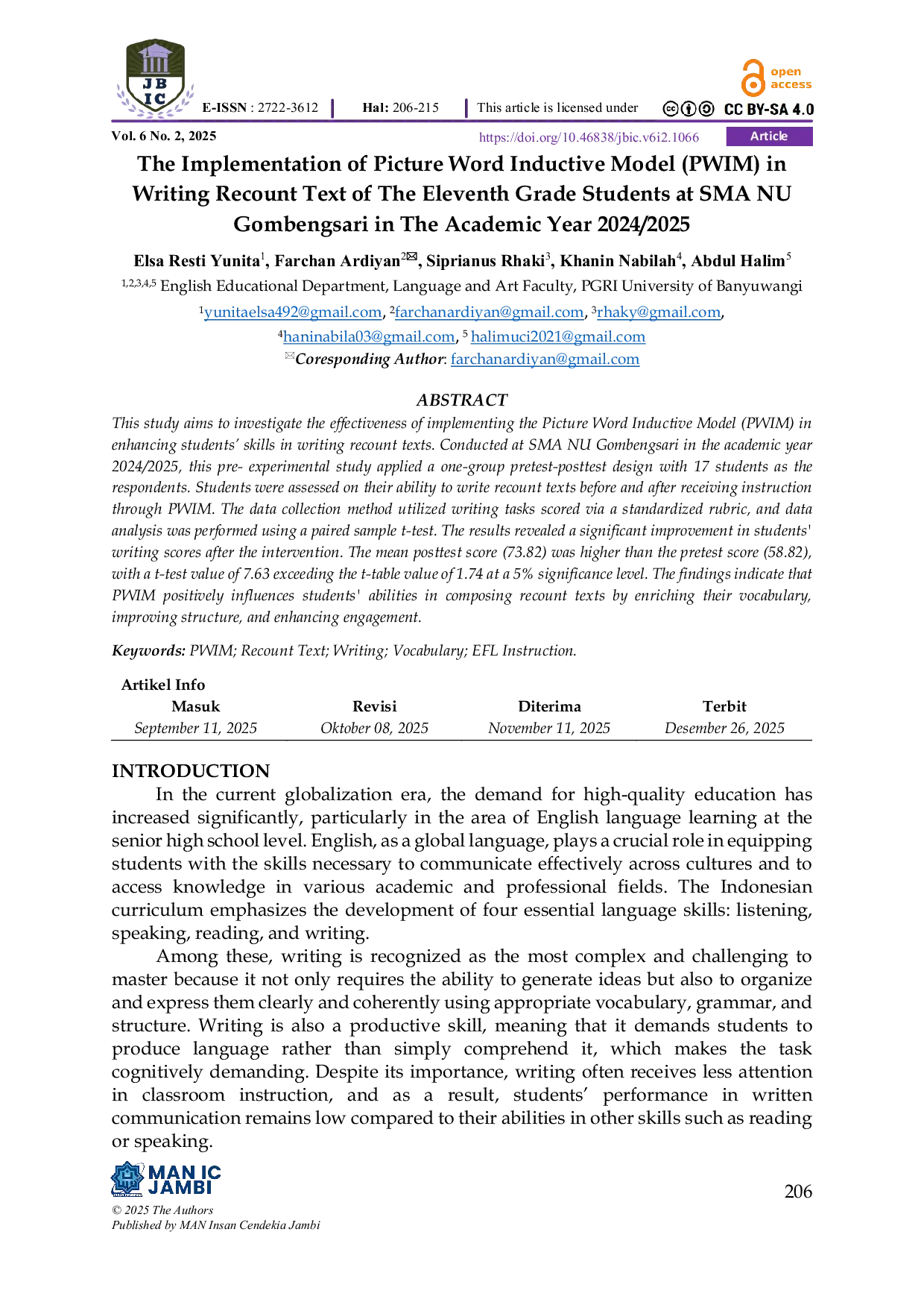 JURIS The Implementation of Picture Word Inductive Model PWIM in Writing Recount Text of The Eleventh Grade Students at SMA NU Gombengsari in The Academic Year 2024 2025