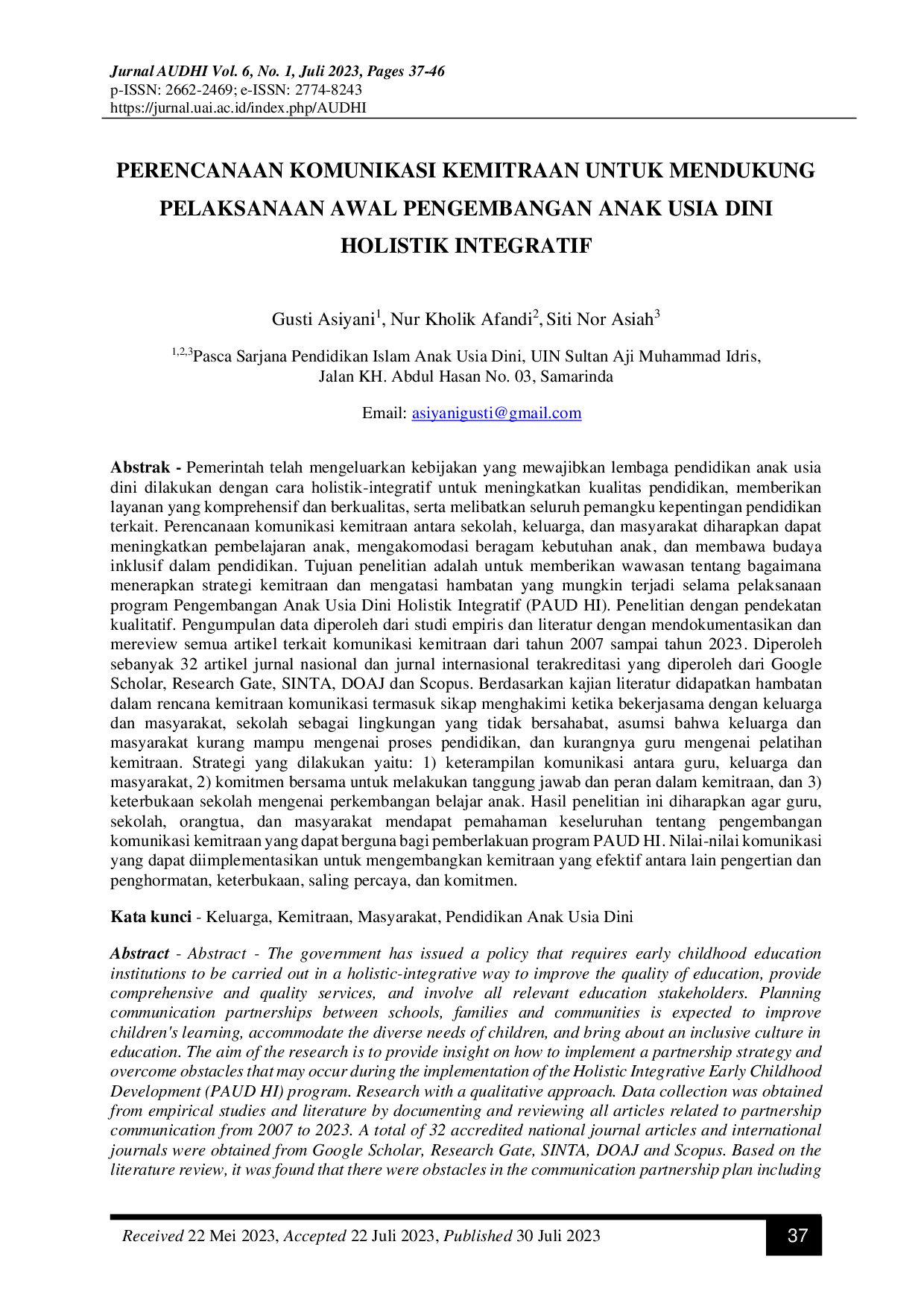 JURIS Perencanaan Komunikasi Kemitraan Untuk Mendukung Pelaksanaan Awal Pengembangan Anak Usia Dini Holistik Integratif