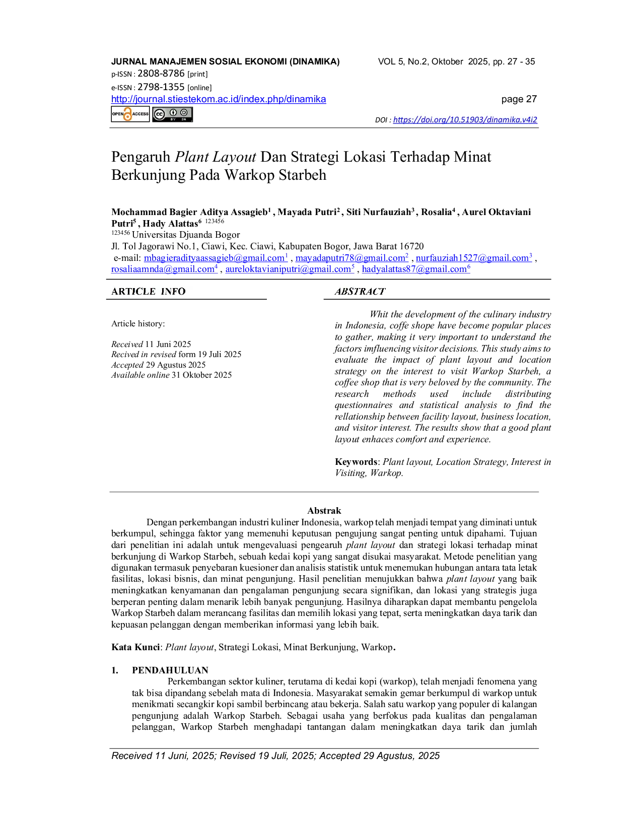 JURIS Pengaruh Plant Layout Dan Strategi Lokasi Terhadap Minat Berkunjung Pada Warkop Starbeh