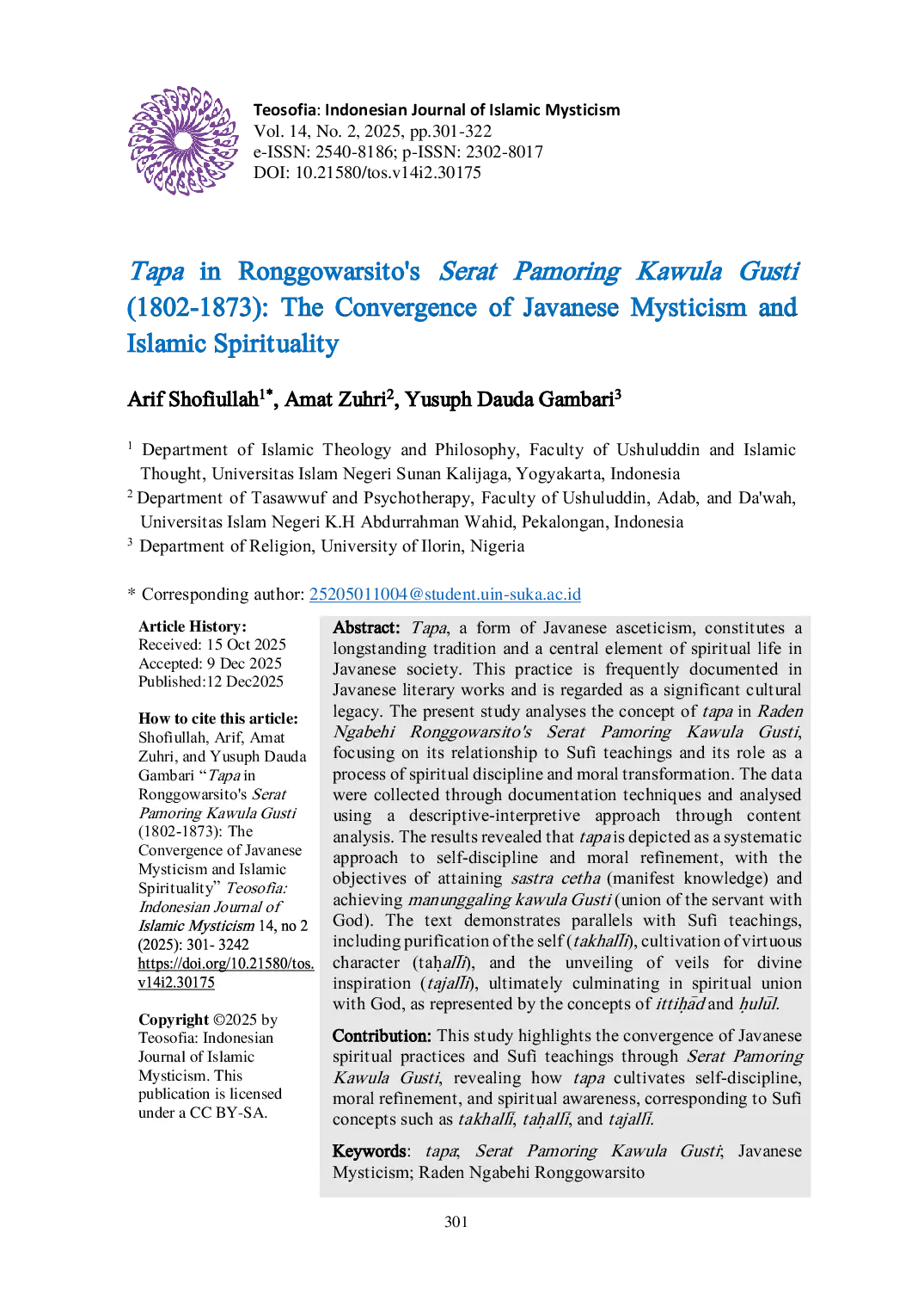 JURIS Tapa in Ronggowarsito s Serat Pamoring Kawula Gusti 1802 1873 The Convergence of Javanese Mysticism and Islamic Spirituality