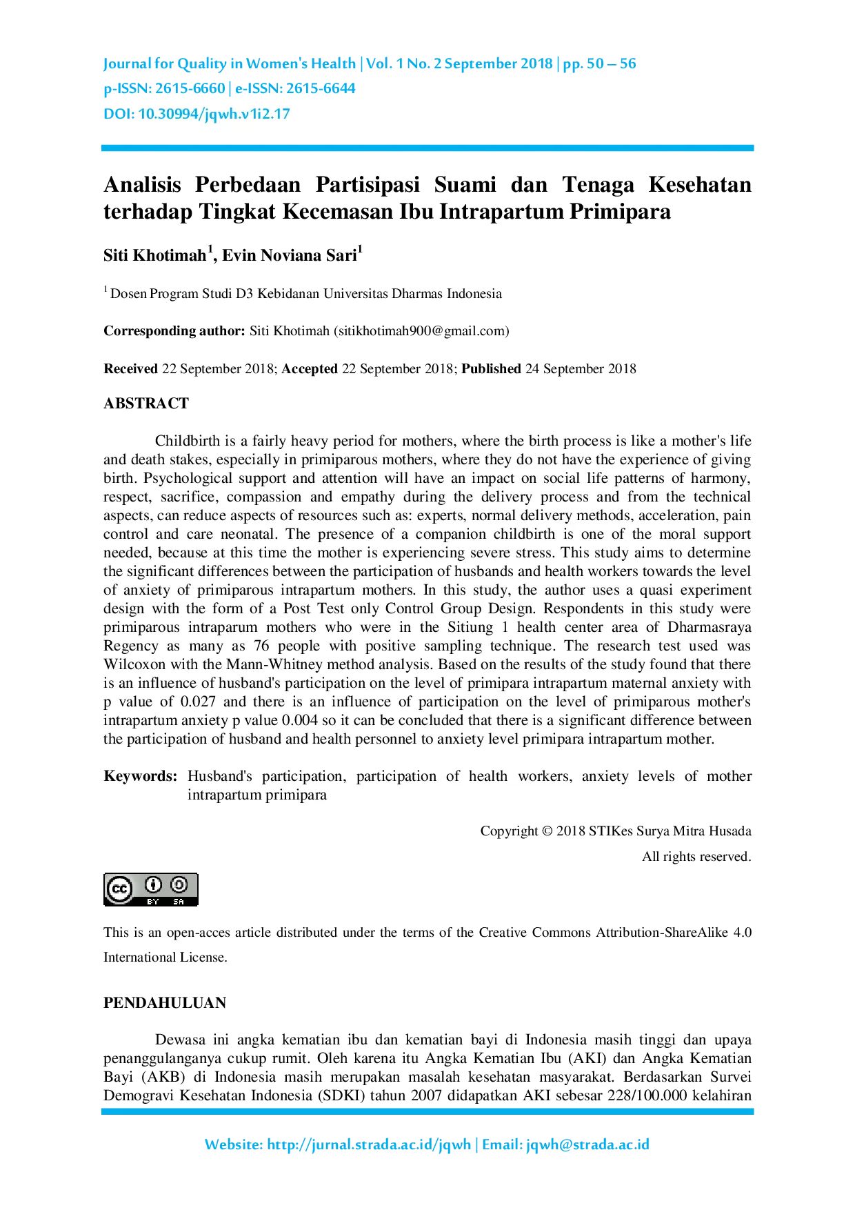 JURIS Analisis Perbedaan Partisipasi Suami dan Tenaga Kesehatan terhadap Tingkat Kecemasan Ibu Intrapartum Primipara