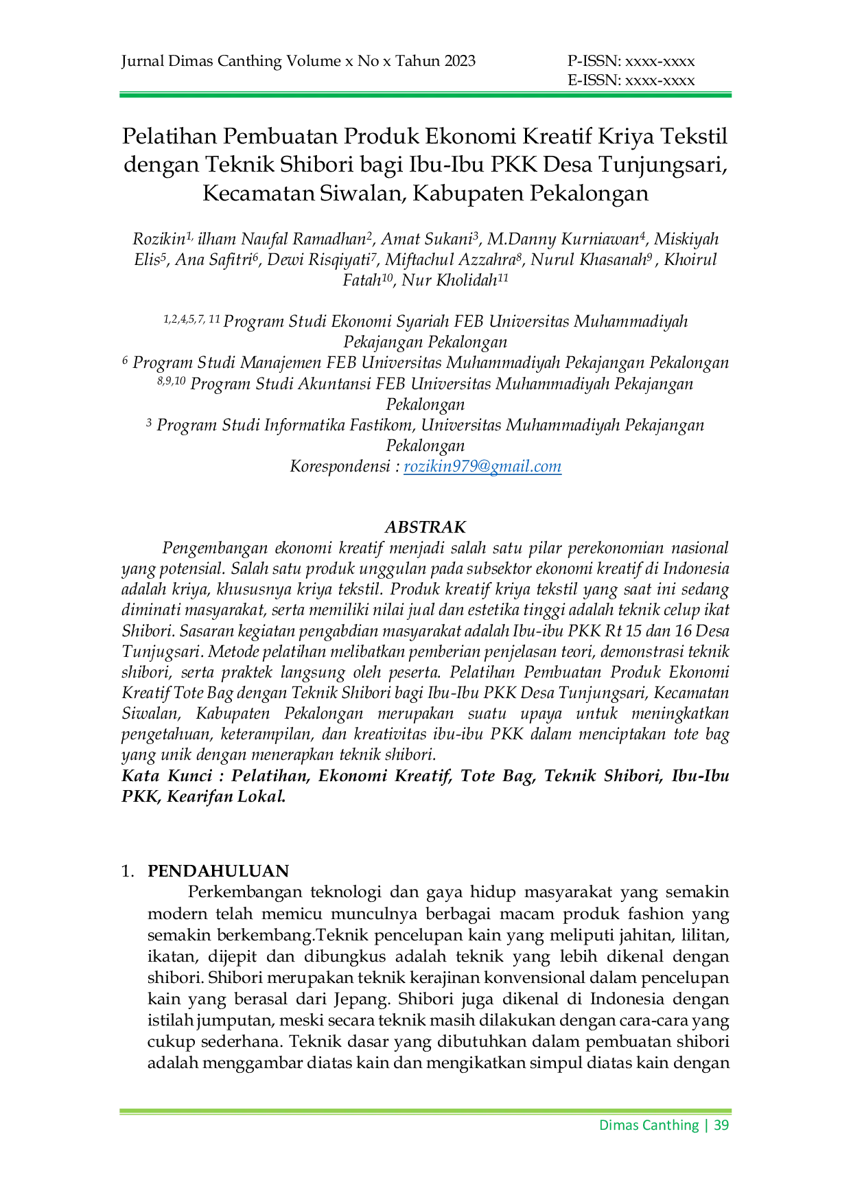JURIS Pelatihan Pembuatan Produk Ekonomi Kreatif Kriya Tekstil dengan Teknik Shibori bagi Ibu Ibu PKK Desa Tunjungsari Kecamatan Siwalan Kabupaten Pekalongan