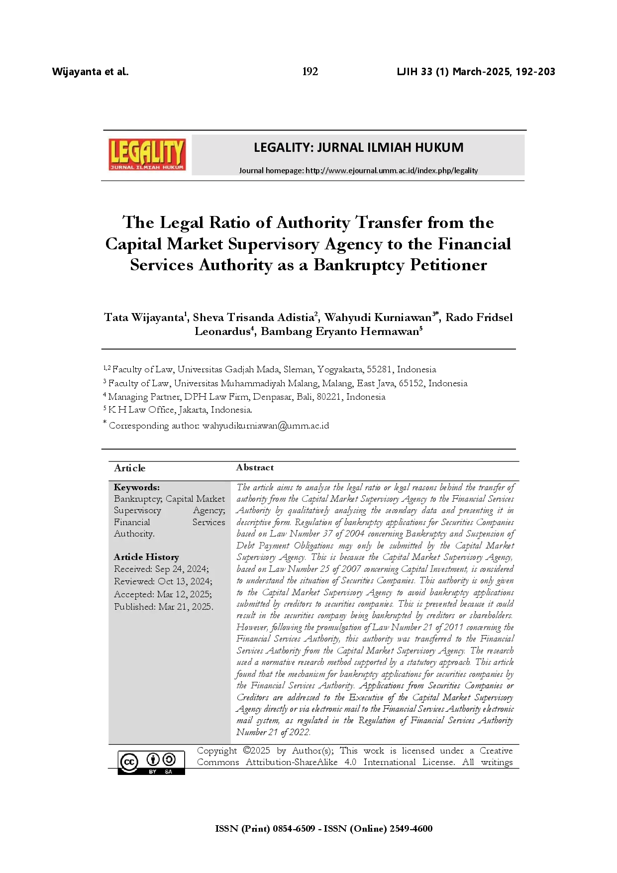 juris The legal ratio of authority transfer from the capital market supervisory agency to the Financial Services Authority as a bankruptcy petitioner