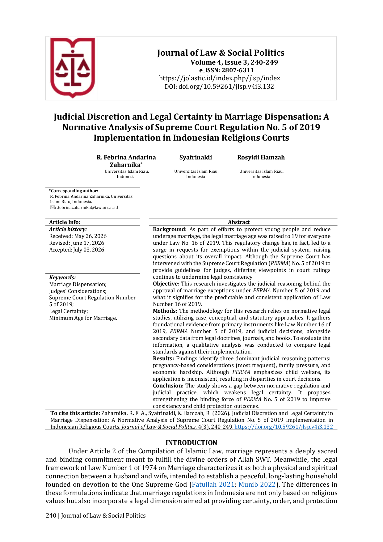 JURIS Judicial Discretion and Legal Certainty in Marriage Dispensation A Normative Analysis of Supreme Court Regulation No 5 of 2019 Implementation in Indonesian Religious Courts