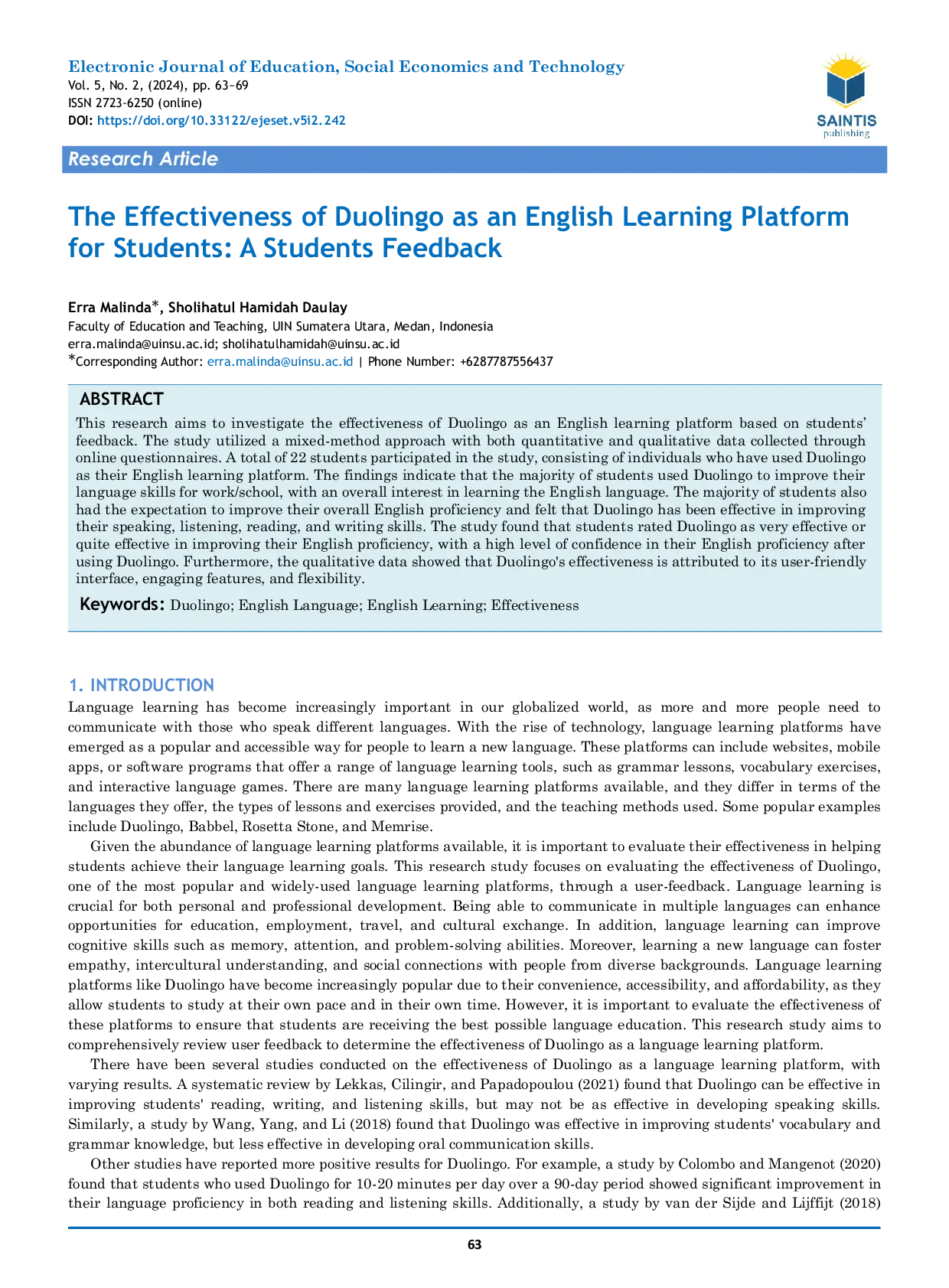 JURIS The Effectiveness of Duolingo as an English Learning Platform for Students A Students Feedback