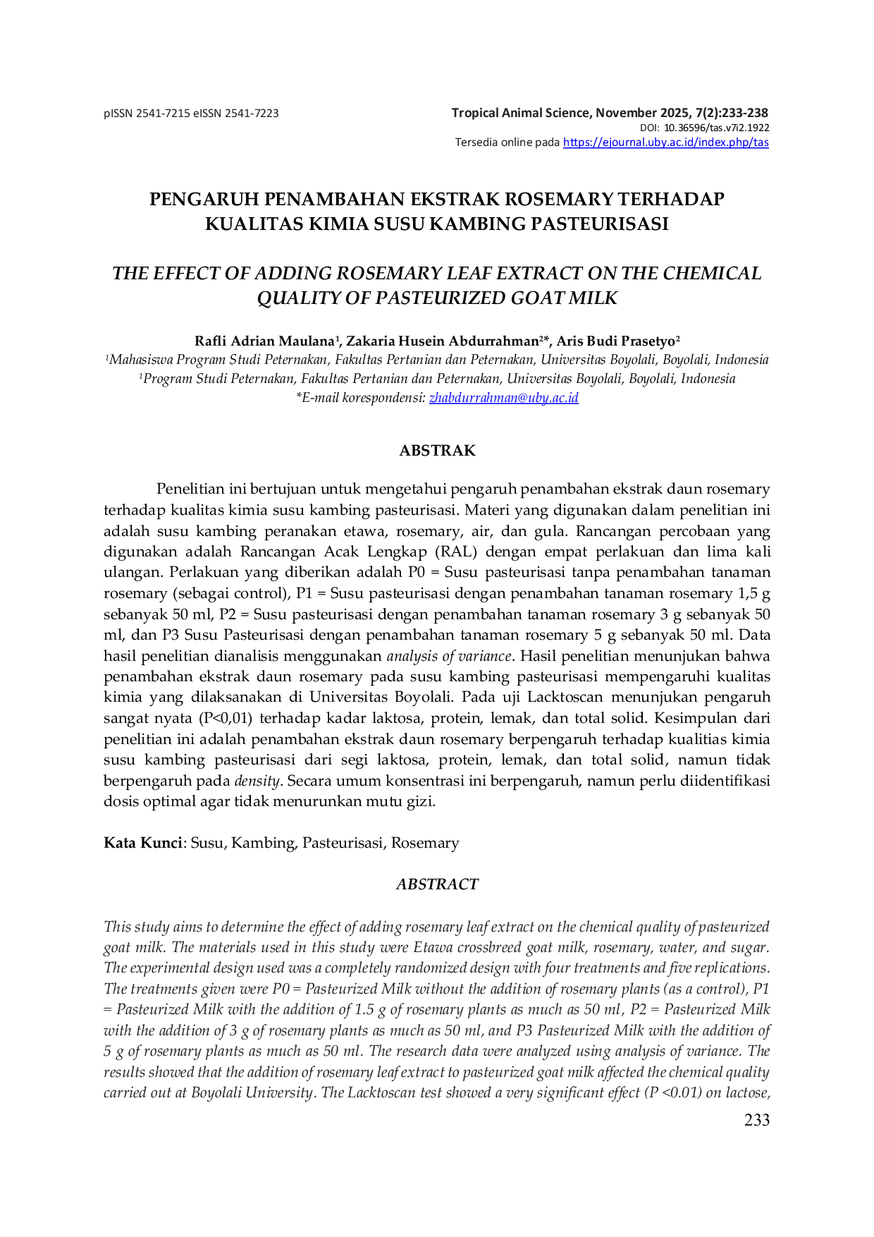 JURIS Pengaruh Penambahan Ekstrak Rosemary Terhadap Kualitas Kimia Susu Kambing Pasteurisasi