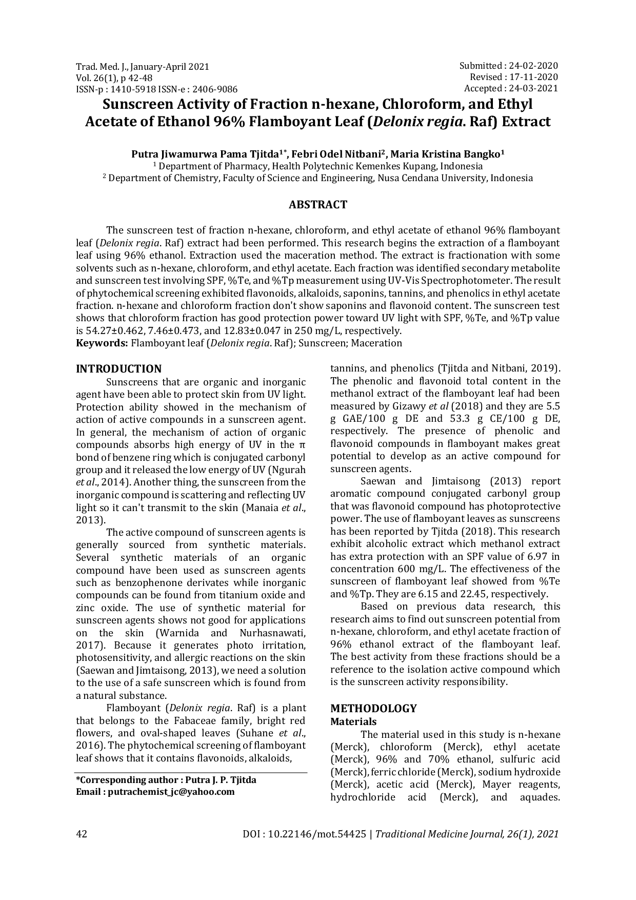 JURIS Sunscreen Activity of Fraction n hexane Chloroform and Eethyl Acetate of Ethanol 96 Flamboyan Leaf Delonix regia Raf Extract